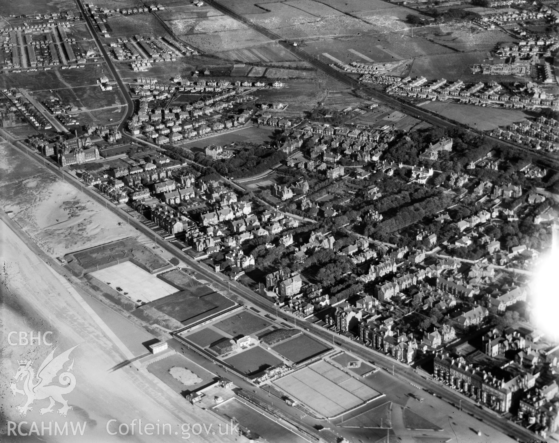 View of Rhyl showing recreation grounds on seafront, oblique aerial view. 5?x4? black and white glass plate negative.