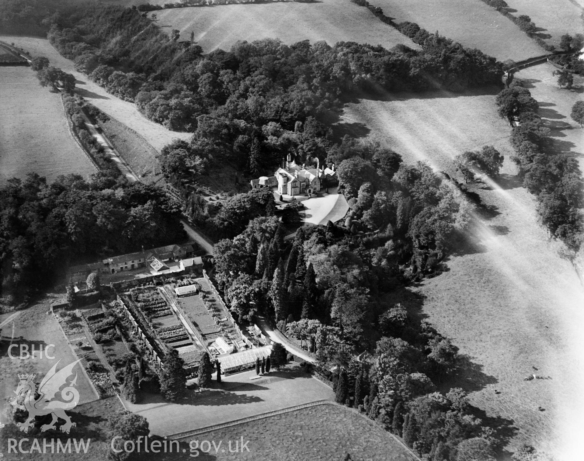 View of Bronwylfa Hall, oblique aerial view. 5?x4? black and white glass plate negative.