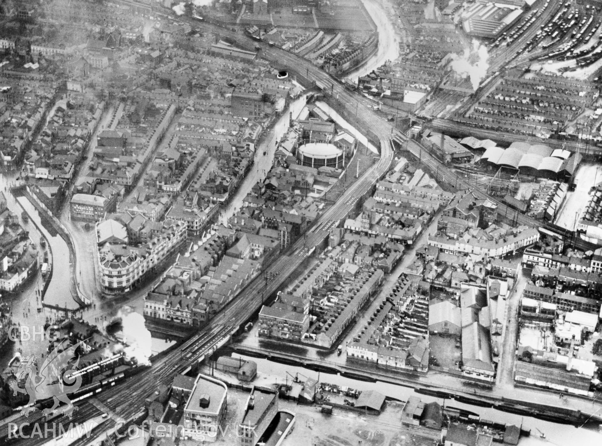 View of Cardiff showing the Great Western Railway through Temperance Town and the Glamorganshire Canal. Oblique aerial photograph, 5?x4? BW glass plate.