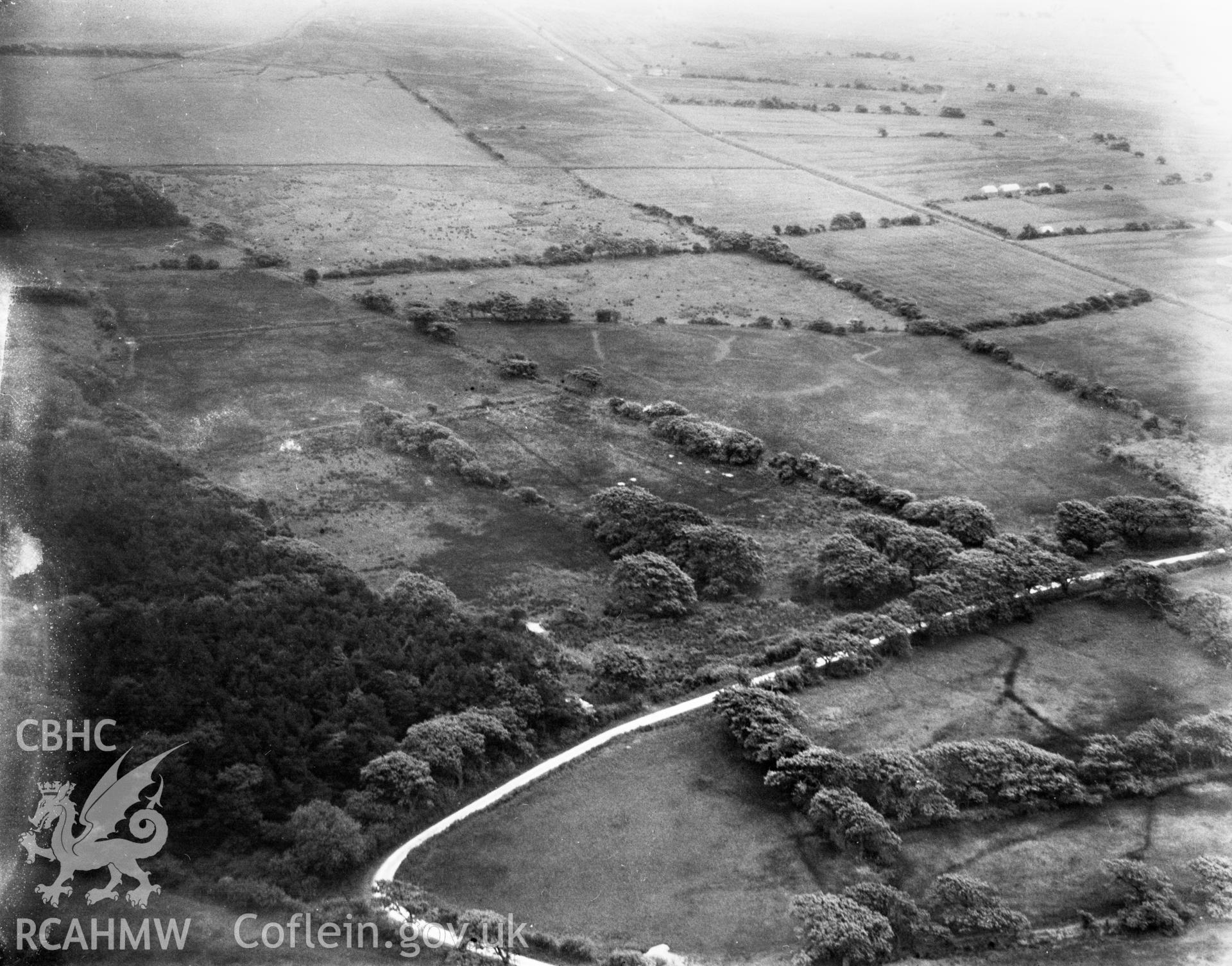 Showing area south west of Margam. Now the site of Eglwys Nunydd Reservoir, oblique aerial view. 5?x4? black and white glass plate negative.