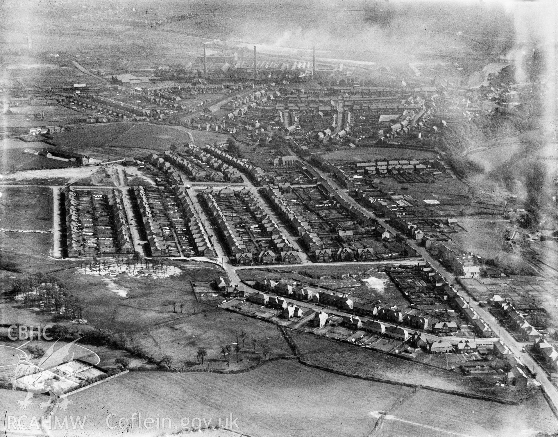 Distant view of Clydach showing 1930's housing estate, oblique aerial view. 5?x4? black and white glass plate negative.