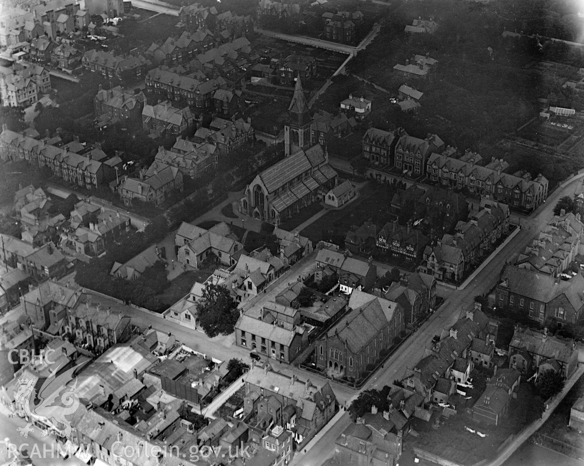 View of Rhyl showing St Thomas's church, oblique aerial view. 5?x4? black and white glass plate negative.