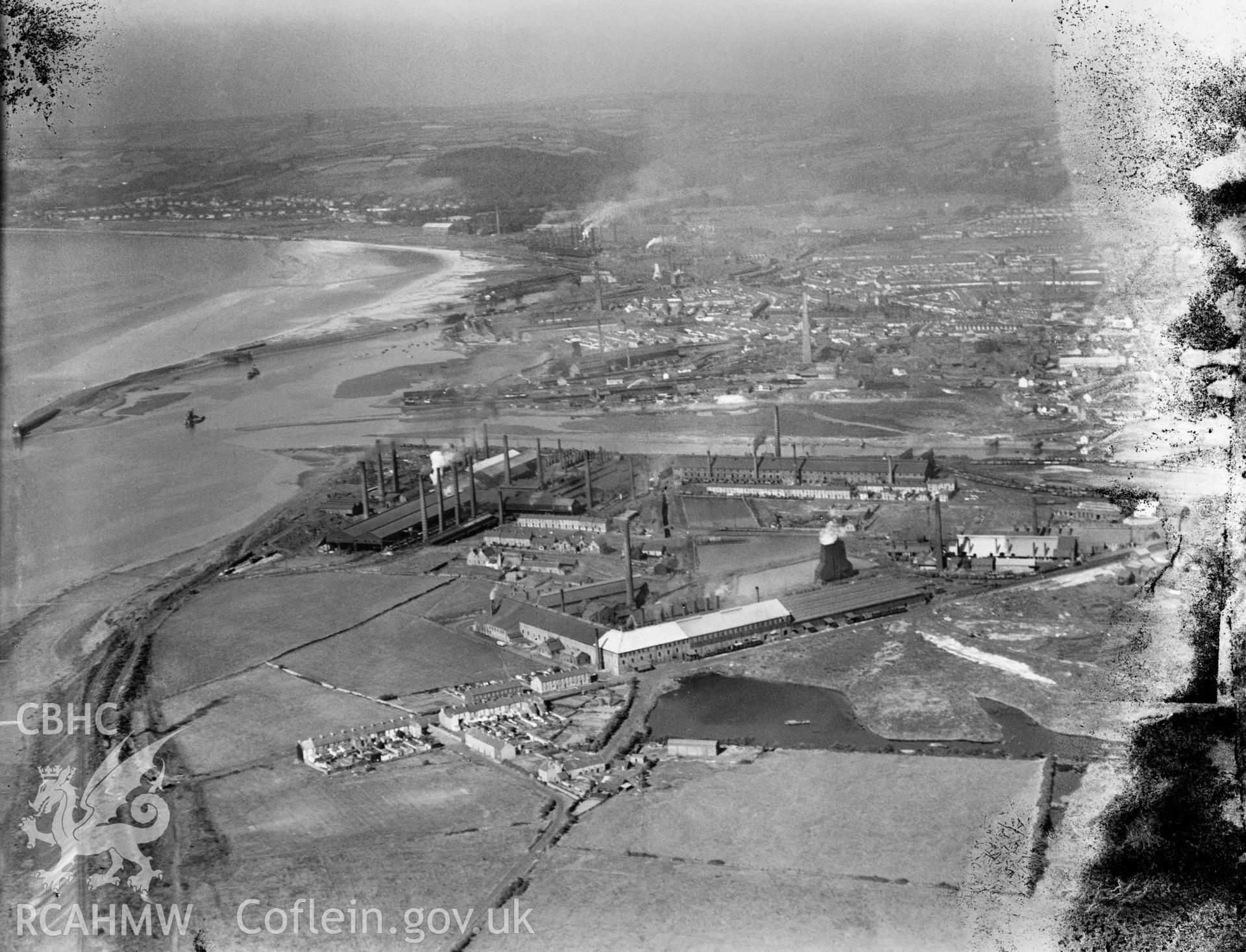 General view of Llanelli showing steelworks, oblique aerial view. 5?x4? black and white glass plate negative.