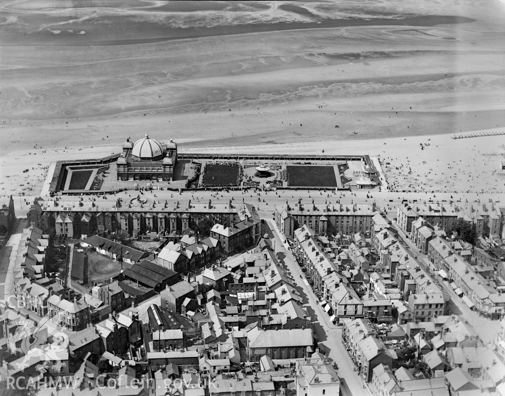 View of Rhyl showing the new pavillion and bandstand, oblique aerial view. 5?x4? black and white glass plate negative.