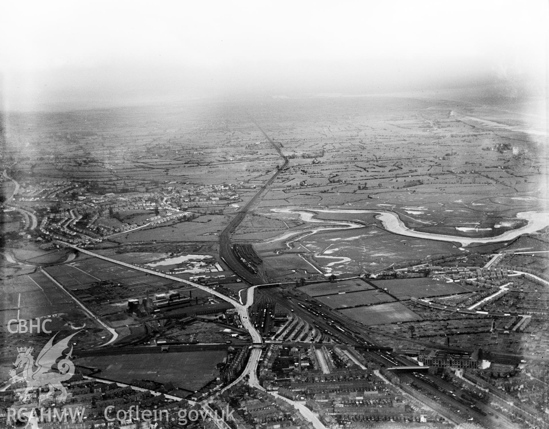 View of Cardiff showing the area near Rumney and Pengam Moor, oblique aerial view. 5?x4? black and white glass plate negative.