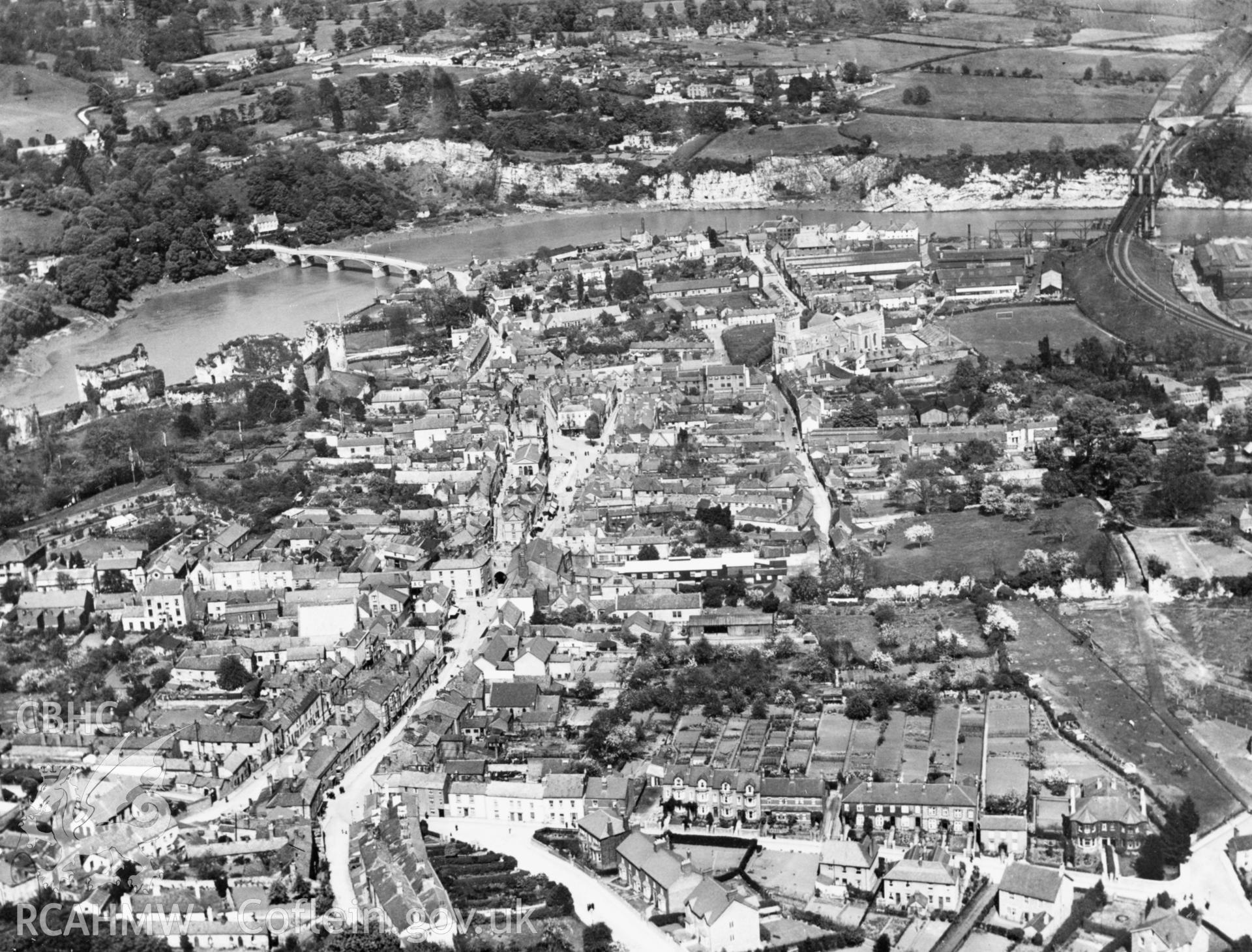 General view of Chepstow showing the tubular suspension bridge. Oblique aerial photograph, 5?x4? BW glass plate.