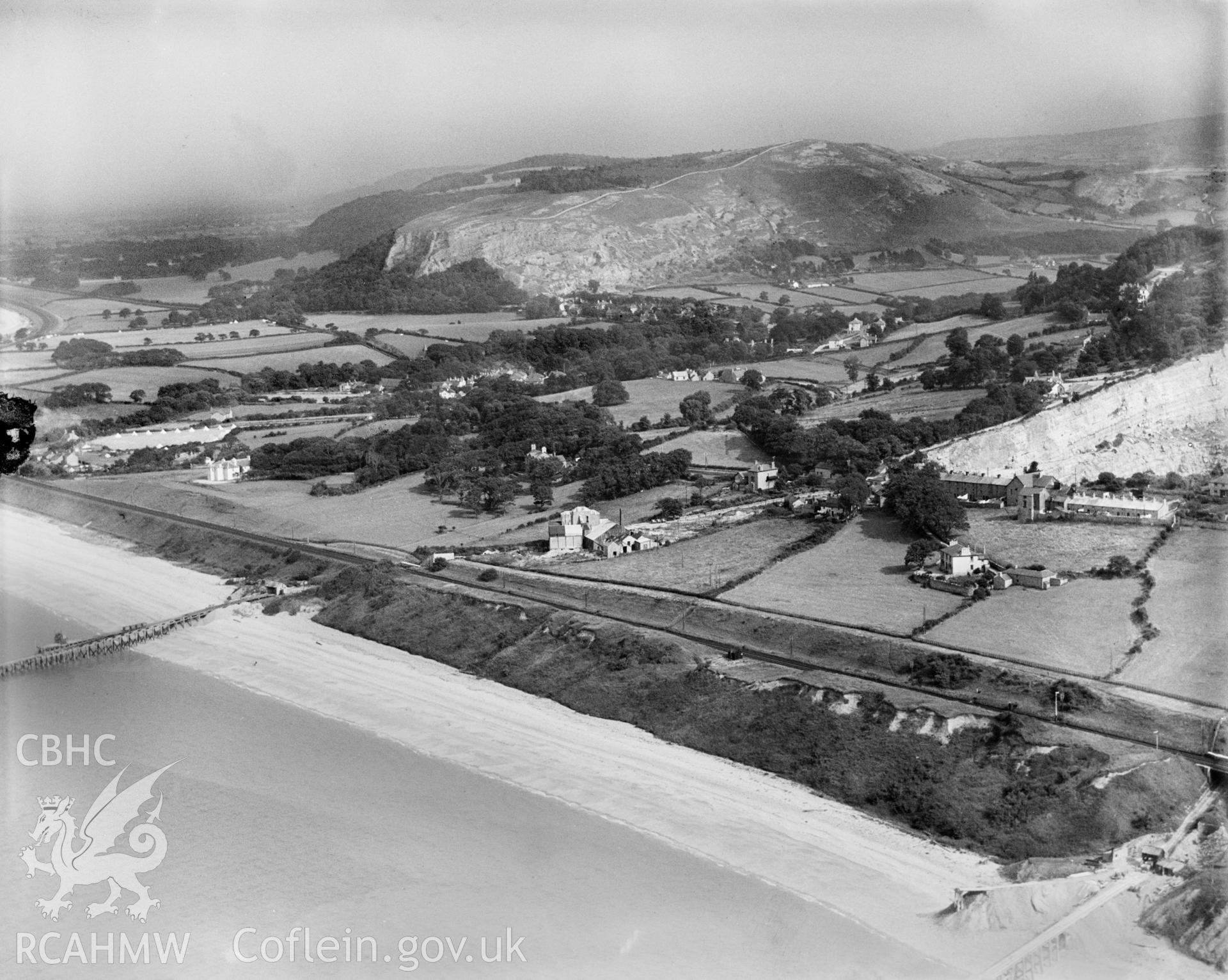 View of Llanddulas quarry tramway building and workers housing, oblique aerial view. 5?x4? black and white glass plate negative.