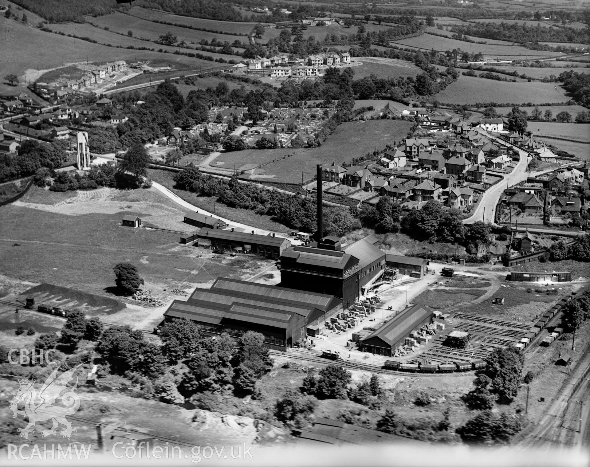 View of Pilkington Brothers Ltd., Pontypool Works, oblique aerial view. 5?x4? black and white glass plate negative.