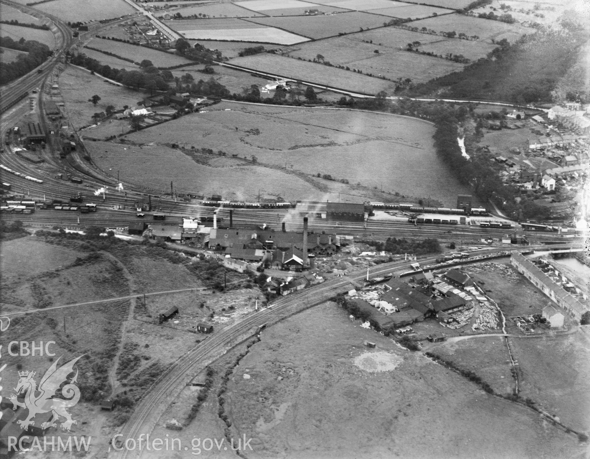 View of railway junction north-east of Llantrisant Station, Pontyclun, oblique aerial view. 5?x4? black and white glass plate negative.