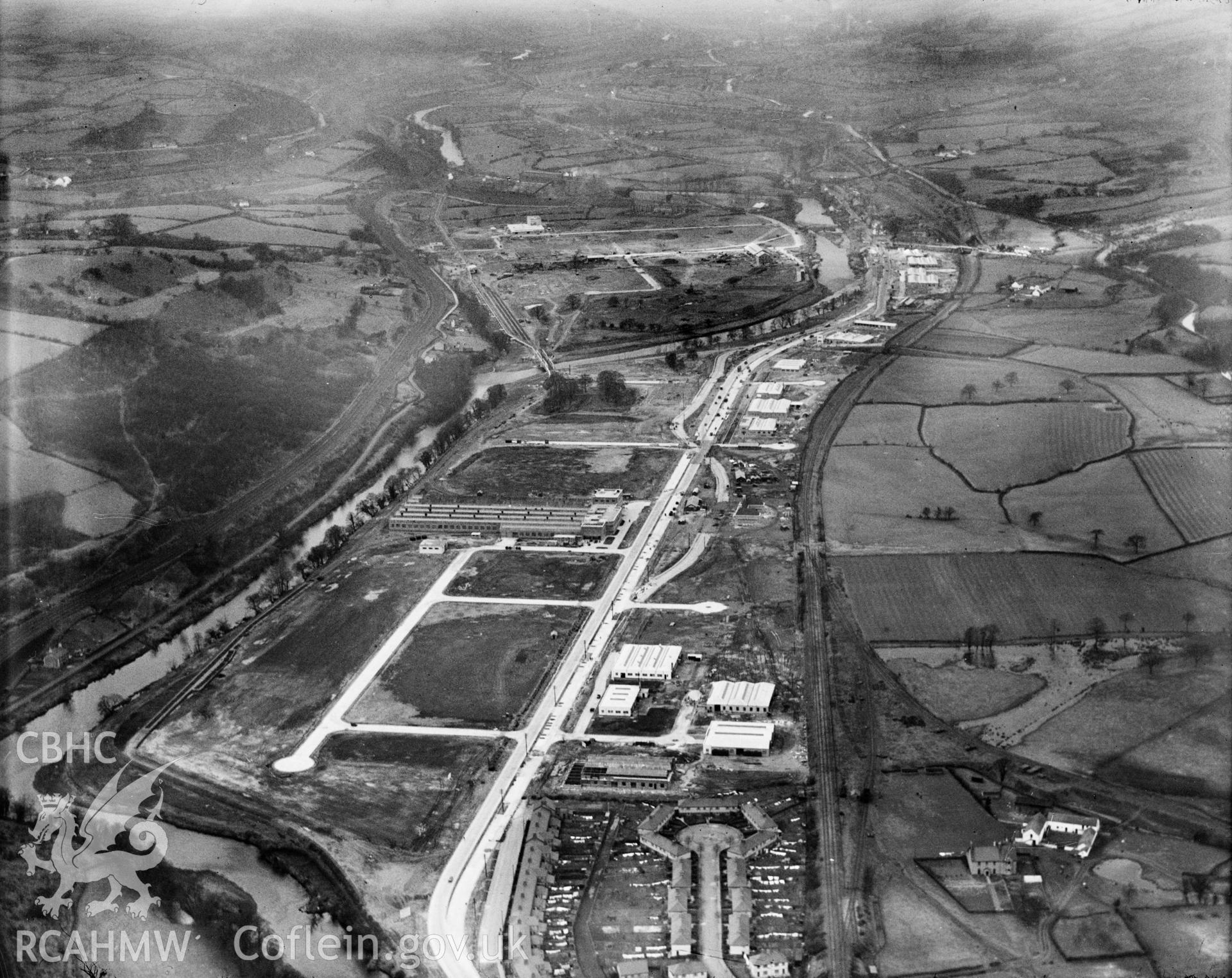 View of the Treforest trading estate under construction, oblique aerial view. 5?x4? black and white glass plate negative.