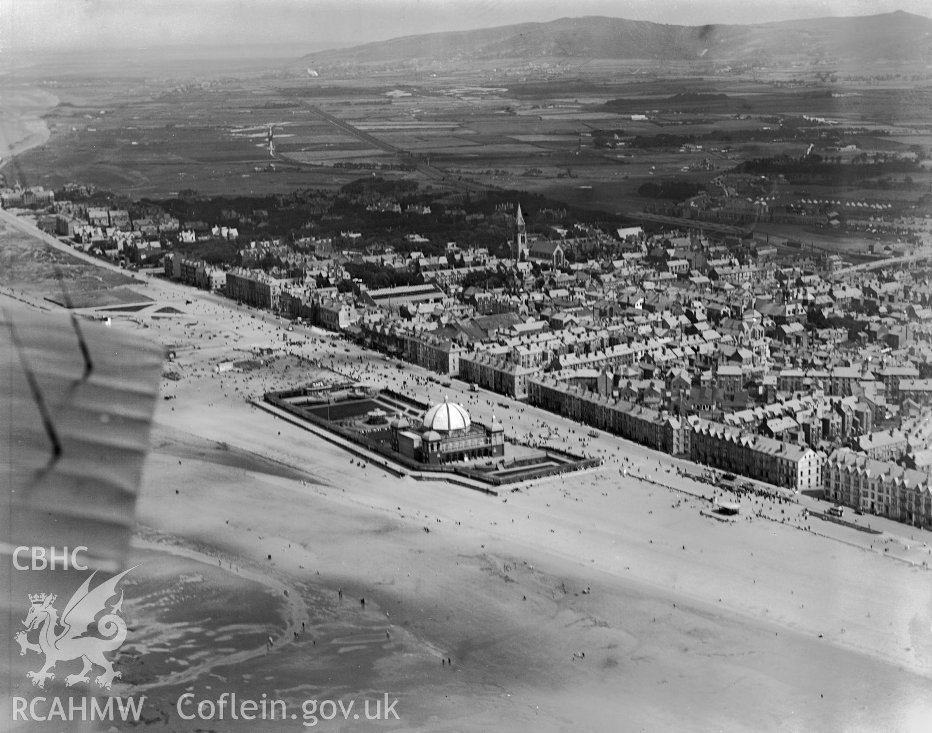 View of Rhyl showing the new pavillion and bandstand complex, oblique aerial view. 5?x4? black and white glass plate negative.