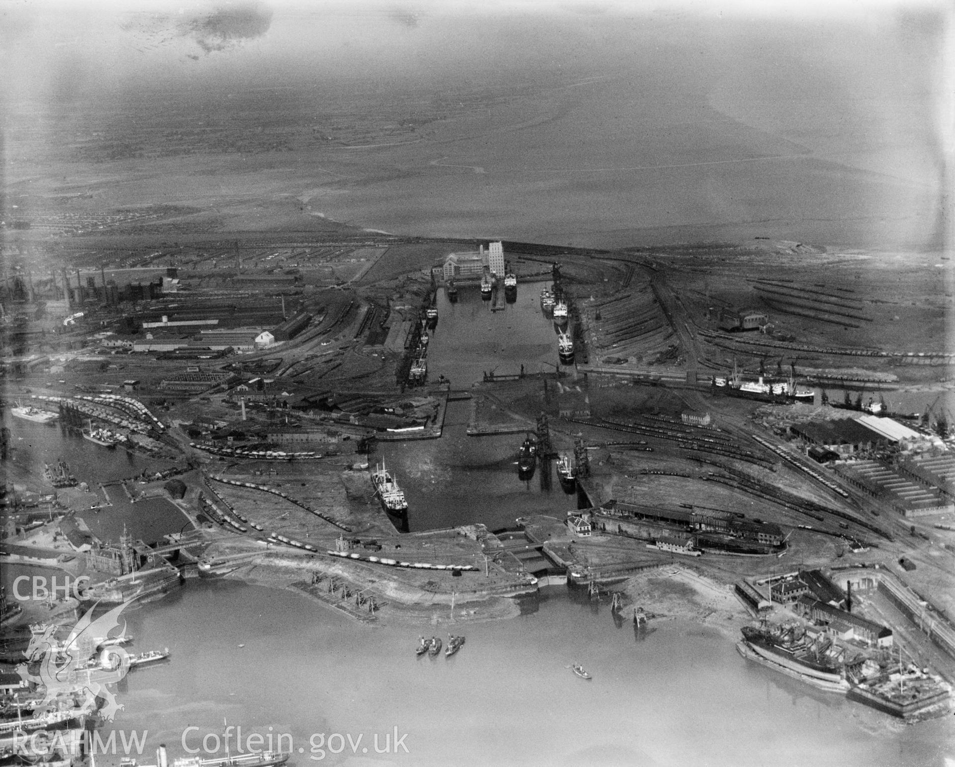 View of cardiff docks, oblique aerial view. 5?x4? black and white glass plate negative.