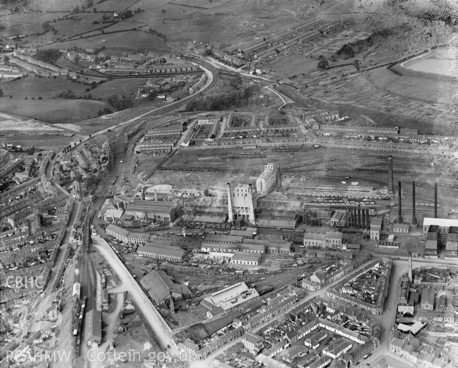 View of Guest, Keen  & Nettlefold, Dowlais Works Merthyr Tydfil, oblique aerial view. 5?x4? black and white glass plate negative.