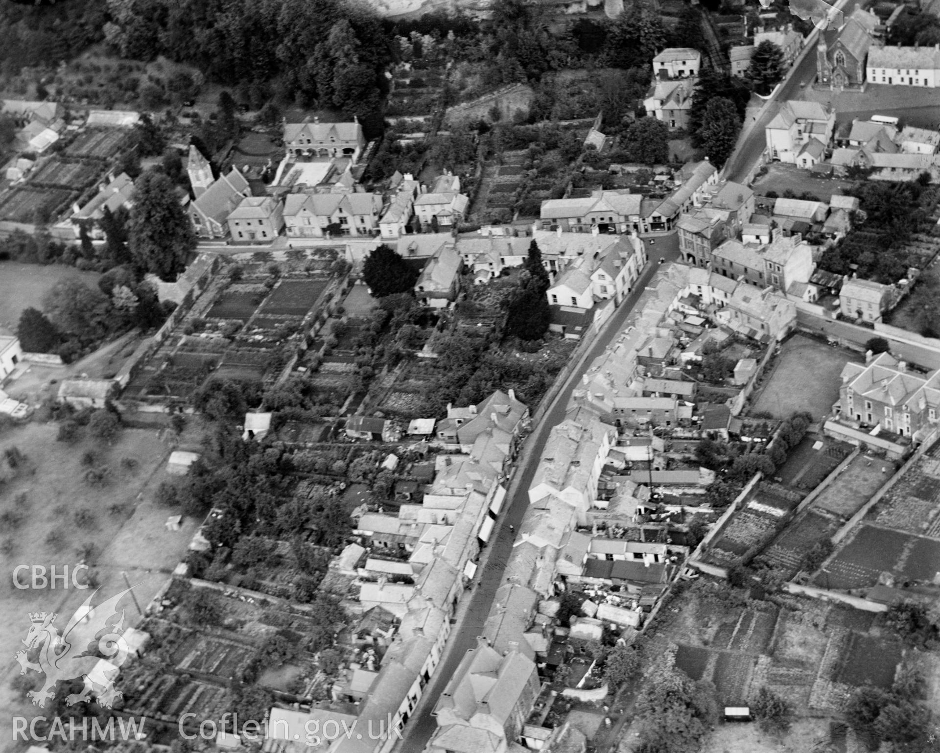 View of Usk looking up Bridge and Porthycarne streets. Oblique aerial photograph, 5?x4? BW glass plate.