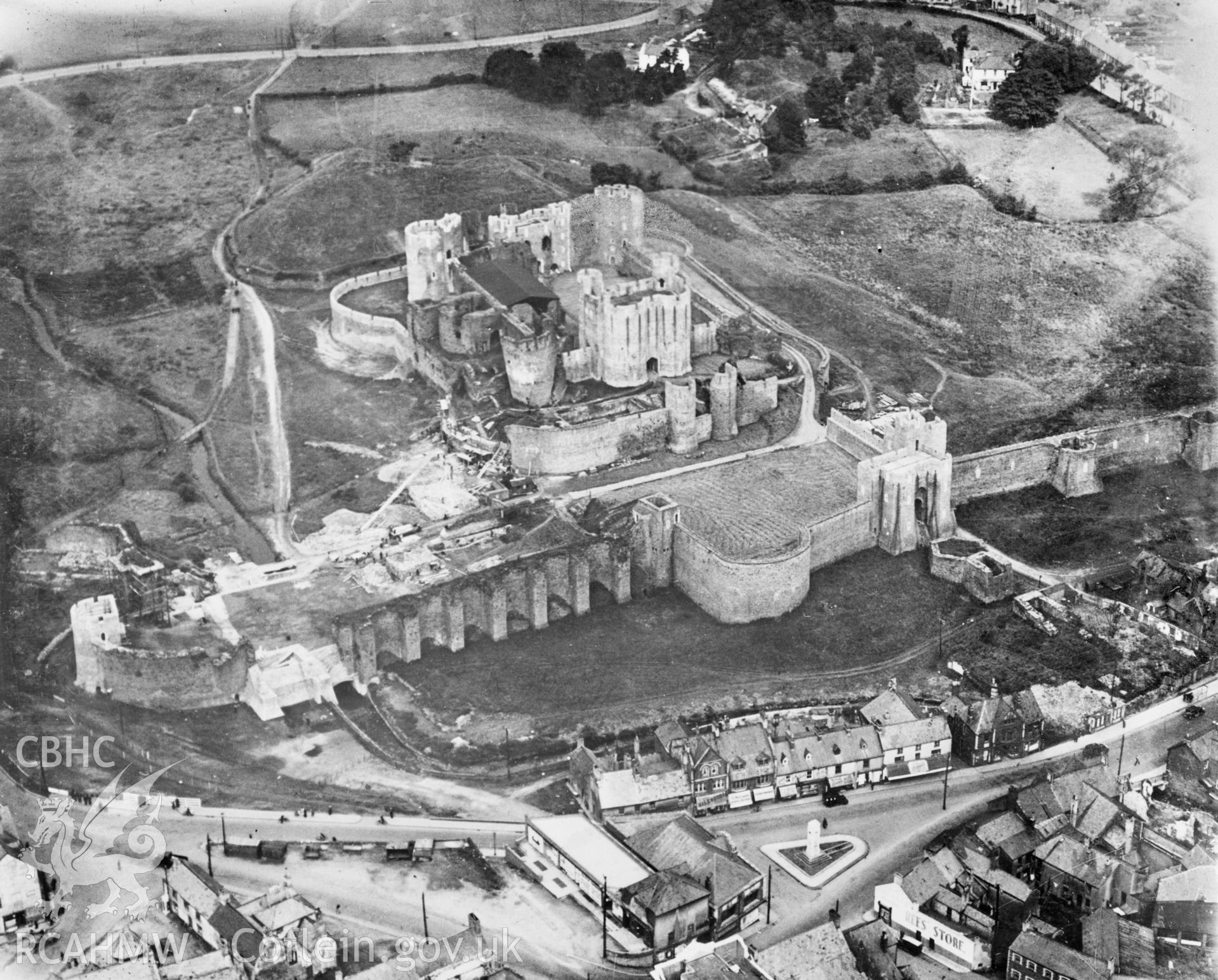 View of Caerphilly showing castle. Oblique aerial photograph, 5?x4? BW glass plate.