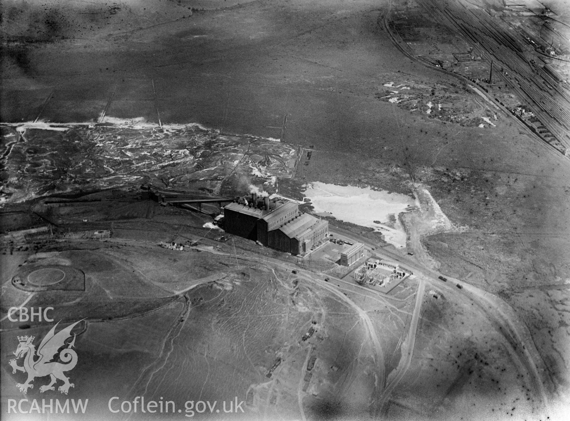 Distant view of Tir John power station, Swansea, oblique aerial view. 5?x4? black and white glass plate negative.