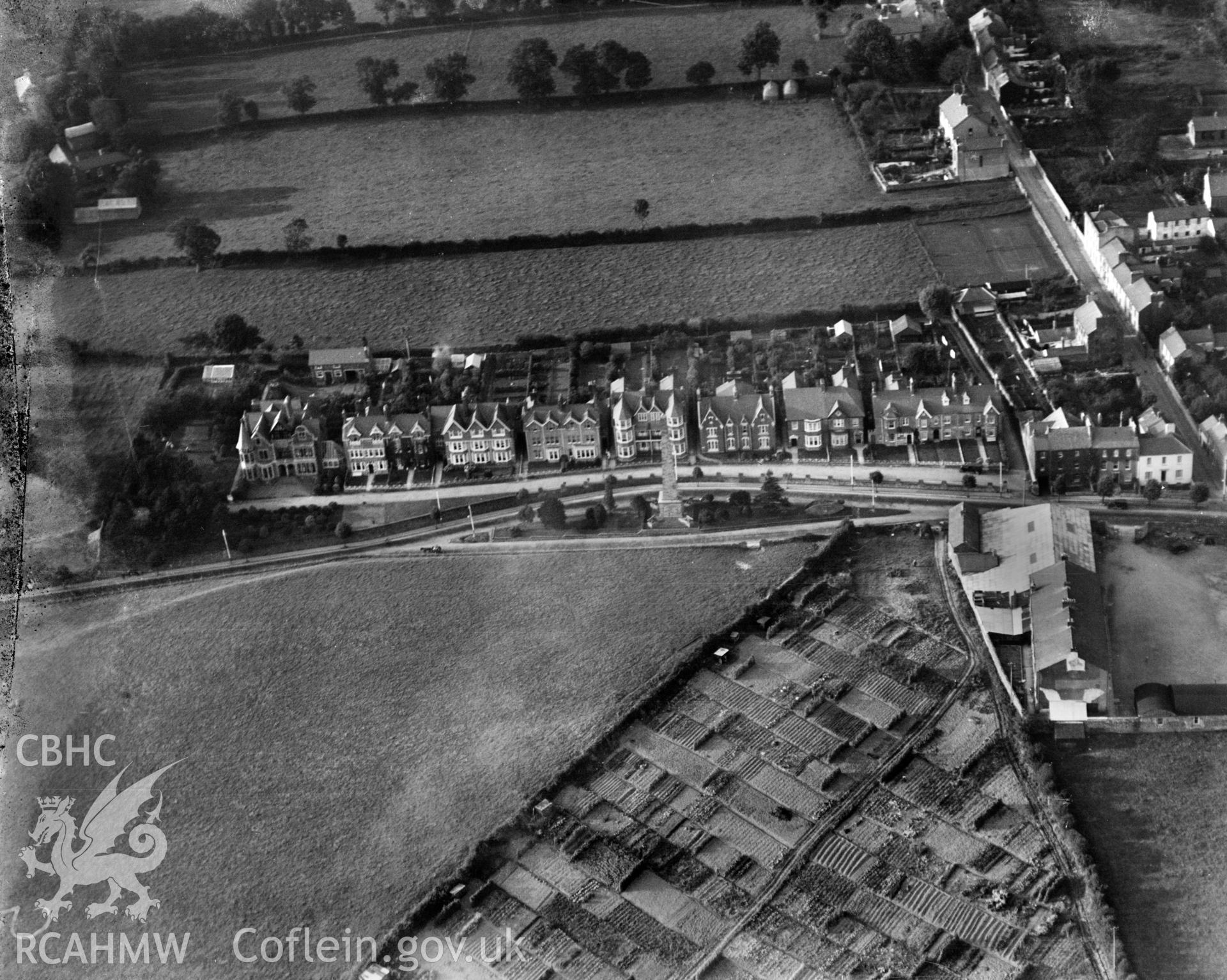 View of Picton's Monument, Carmarthen, oblique aerial view. 5?x4? black and white glass plate negative.