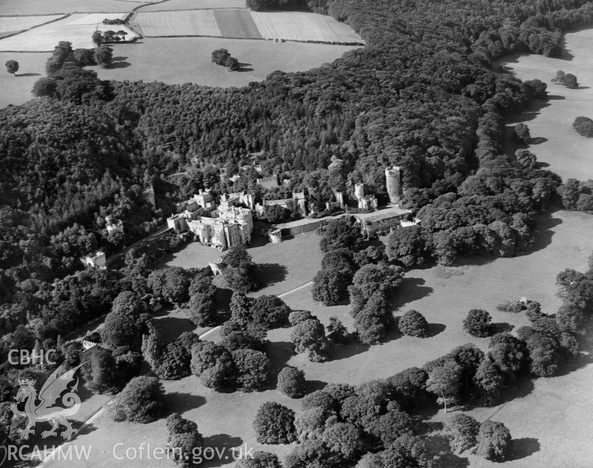 General view of Gwrych Castle, oblique aerial view. 5?x4? black and white glass plate negative.