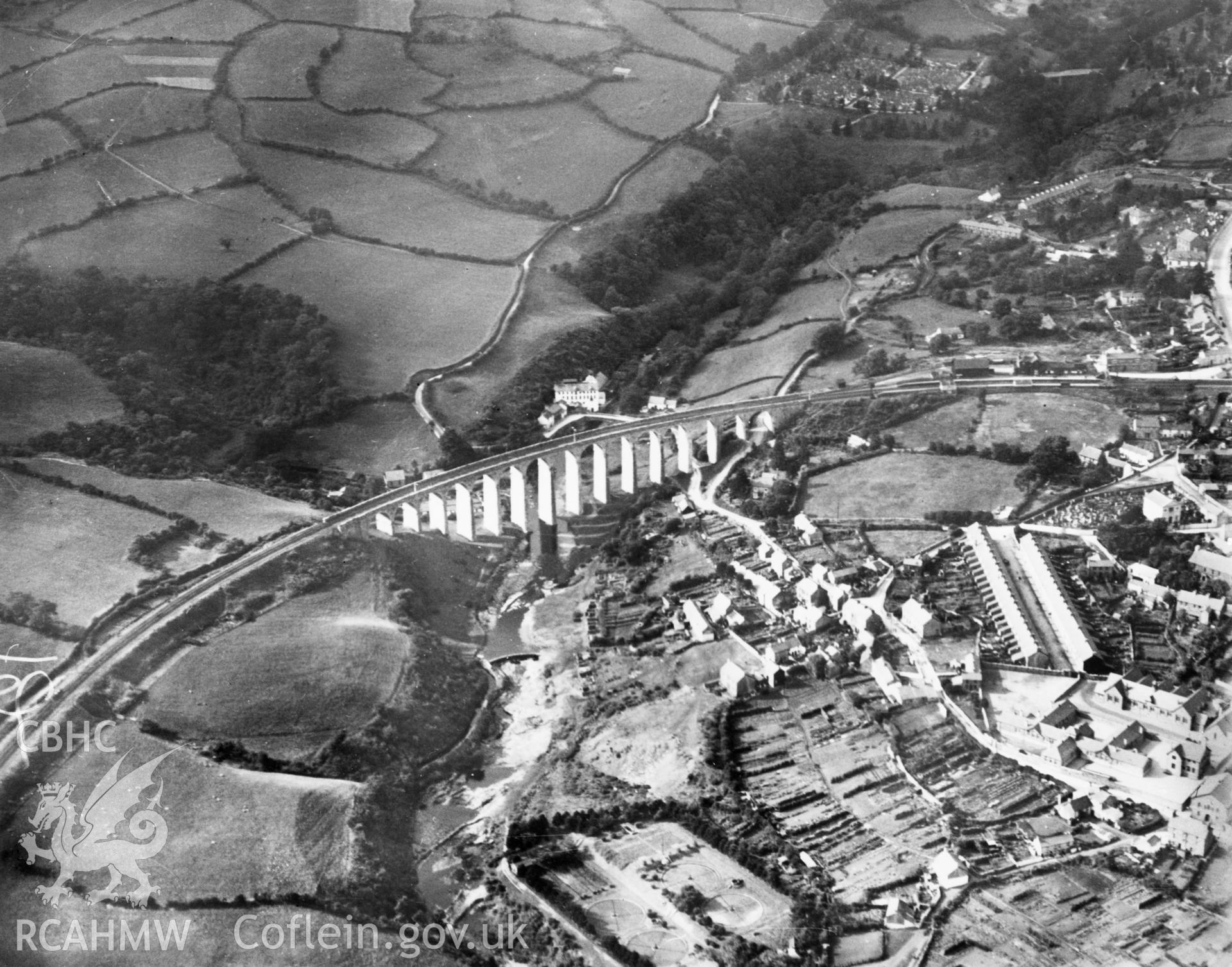 General view of Merthyr Tydfil showing Cefn-Coed-y-Cymmer viaduct. Oblique aerial photograph, 5?x4? BW glass plate.