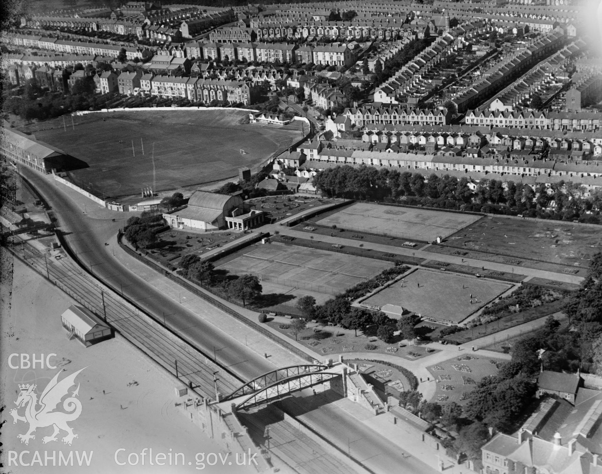 View of Victoria Park and the Patti Pavilion, Swansea, oblique aerial view. 5?x4? black and white glass plate negative.