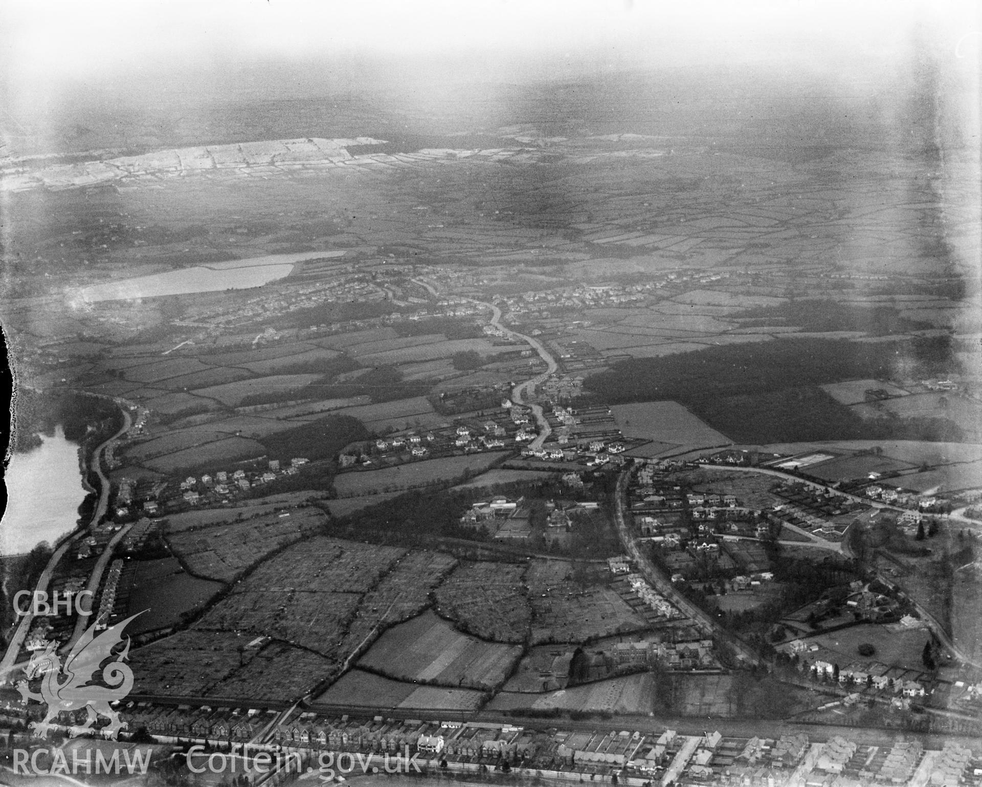 View of Cardiff showing Roath Park and Llanishen reservoir, oblique aerial view. 5?x4? black and white glass plate negative.