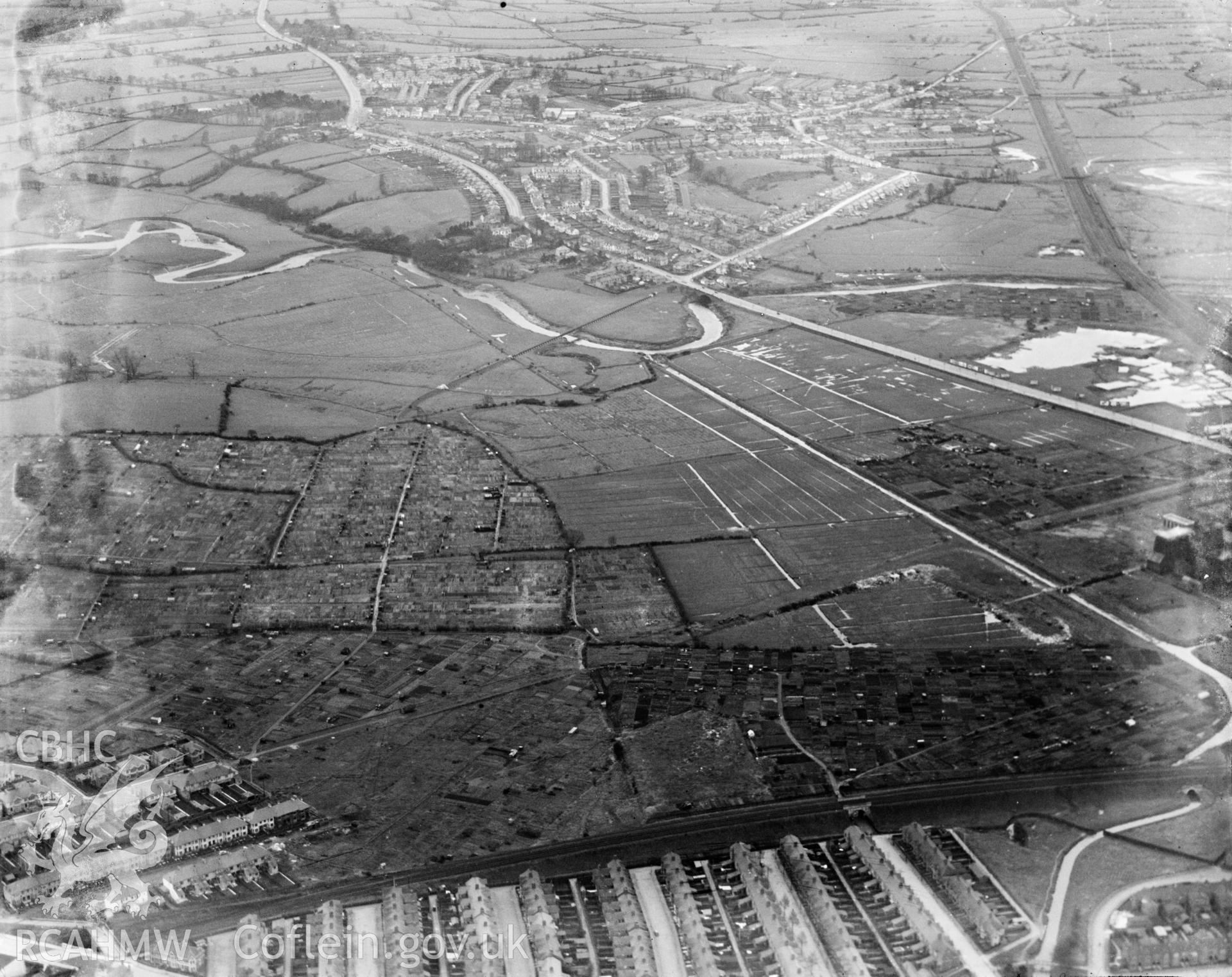 View of Cardiff showing view of Rumney and allotment gardens, oblique aerial view. 5?x4? black and white glass plate negative.