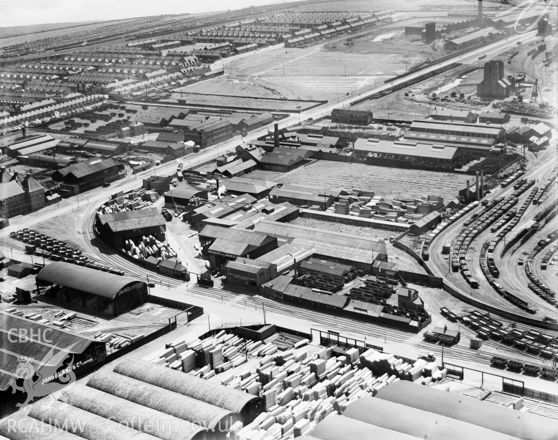 View of Meggitt & Jones Ltd., timber merchants, Cardiff, oblique aerial view. 5?x4? black and white glass plate negative.