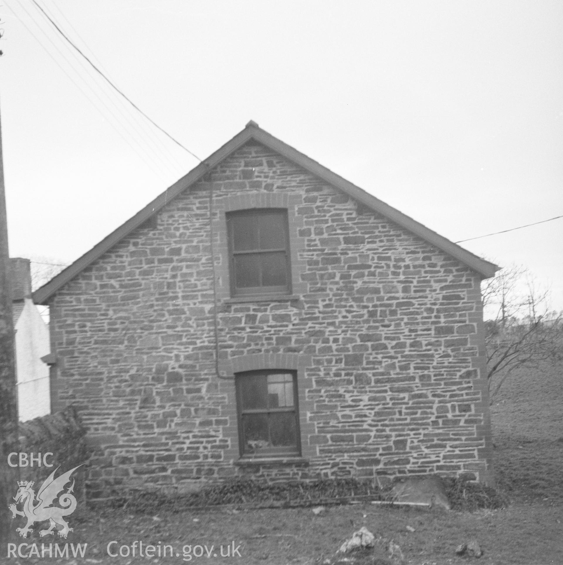 Digital copy of a black and white nitrate negative showing exterior view of outbuilding at Lluest Farm, Llanbadarn Fawr.