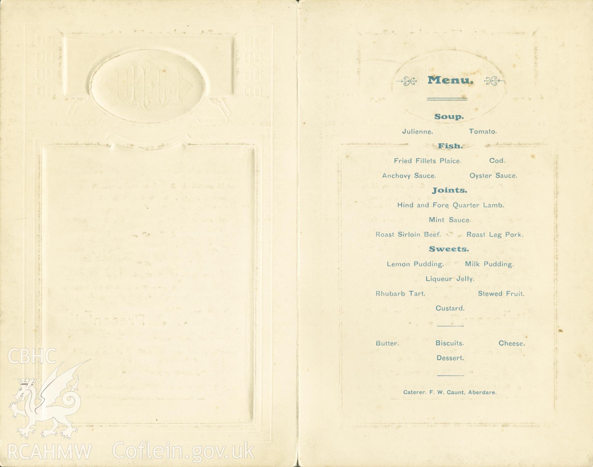 Copy of menu for the Ysgol Jones Re-Union Banquet & Presentation at Memorial Hall, Aberdare on Thursday 6th April 1911. Donated to the RCAHMW during the Digital Dissent Project.