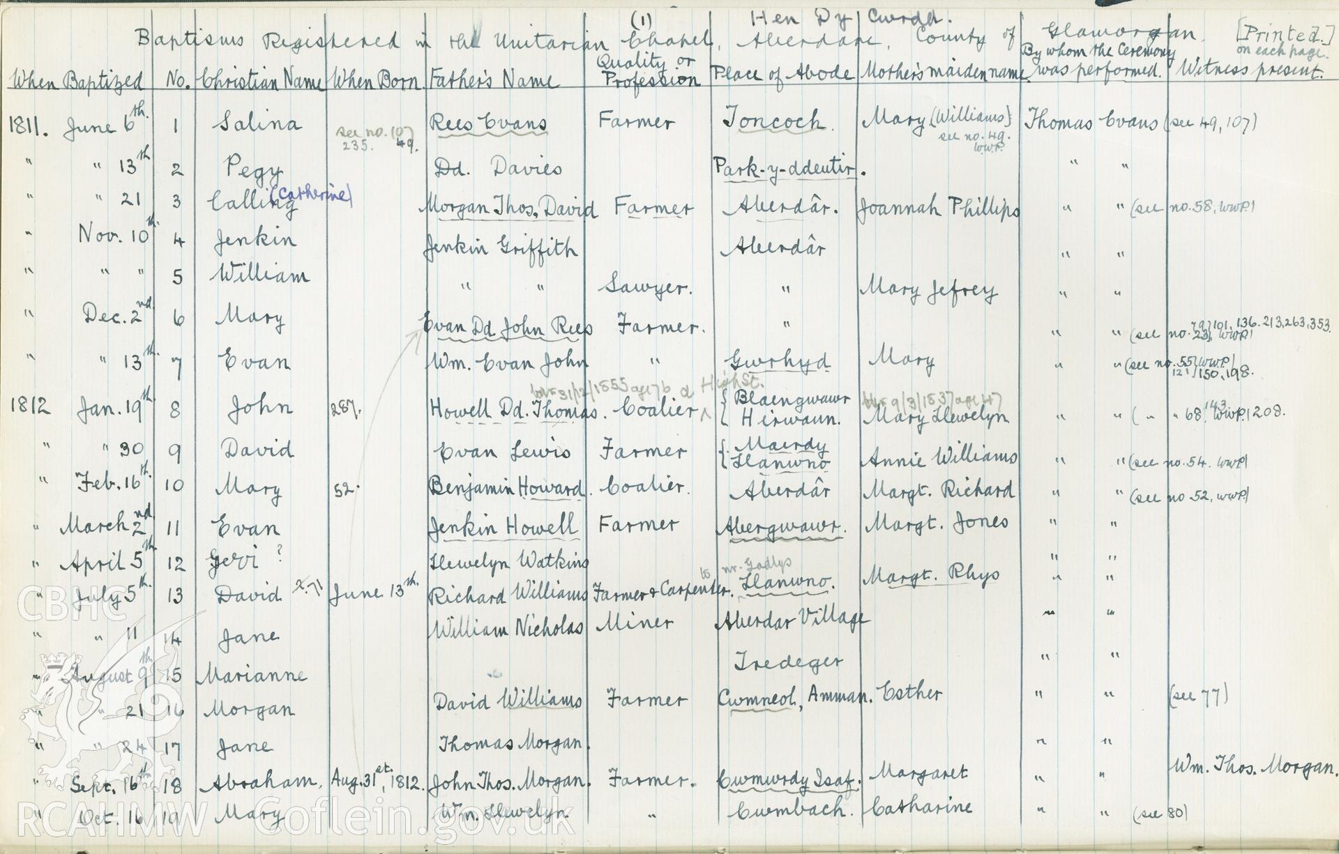 "Baptism Registered" book for Hen Dy Cwrdd, made between April 19th and 28th, 1941, by W. W. Price. Page listing baptisms from 6th June 1811 to 16th October 1811. Donated to the RCAHMW as part of the Digital Dissent Project.