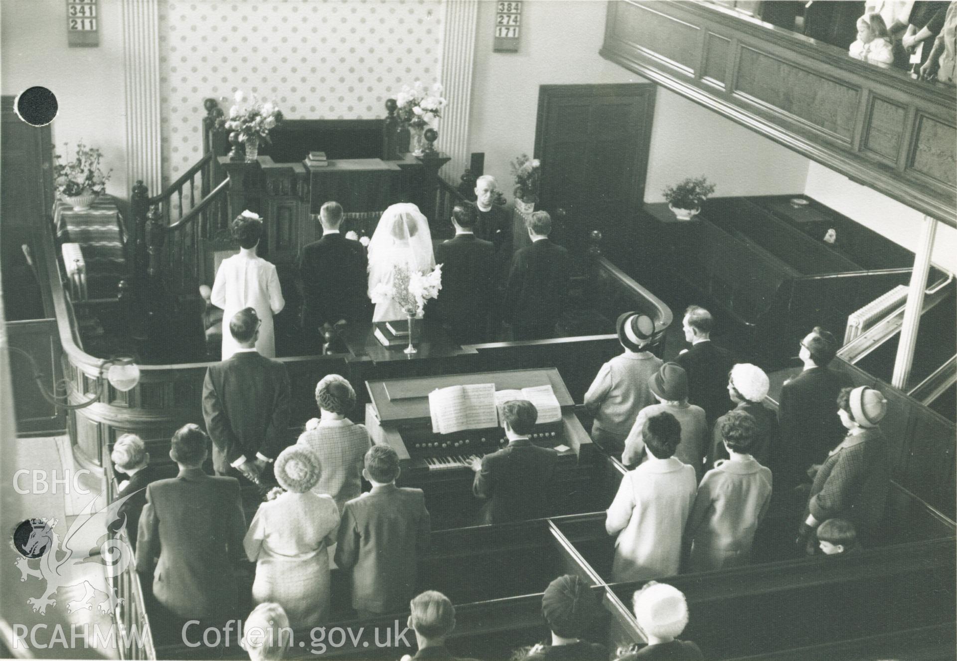 Black and white photograph of Mrs Gloria Pritchard (Chalk) wedding ceremony, Minister: Gwyn Jones, 28th September 1966. Donated as part of the Digital Dissent Project.