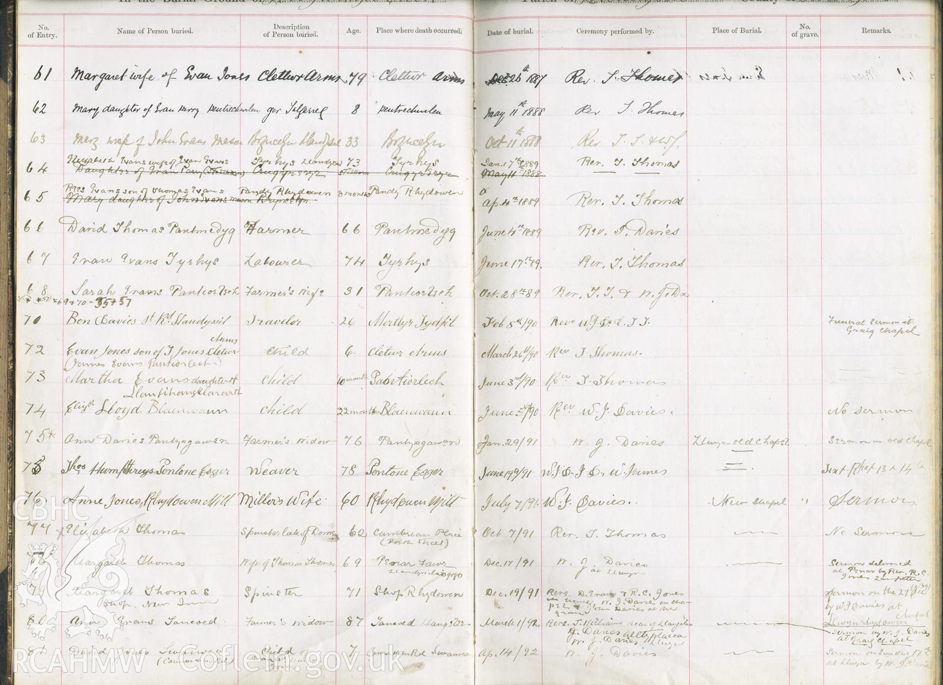 Scanned copy of handwritten burial register at Llwydrhydowen New Chapel and old chapel from 26th December 1887 to 14th April 1892. Donated to the RCAHMW as part of the Digital Dissent Project.