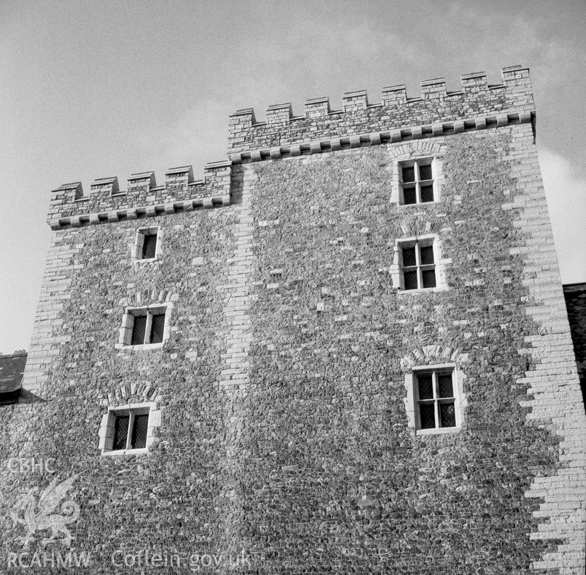 Digital copy of a black and white negative showing south gate at Cardiff Castle, taken 21st February 1966.