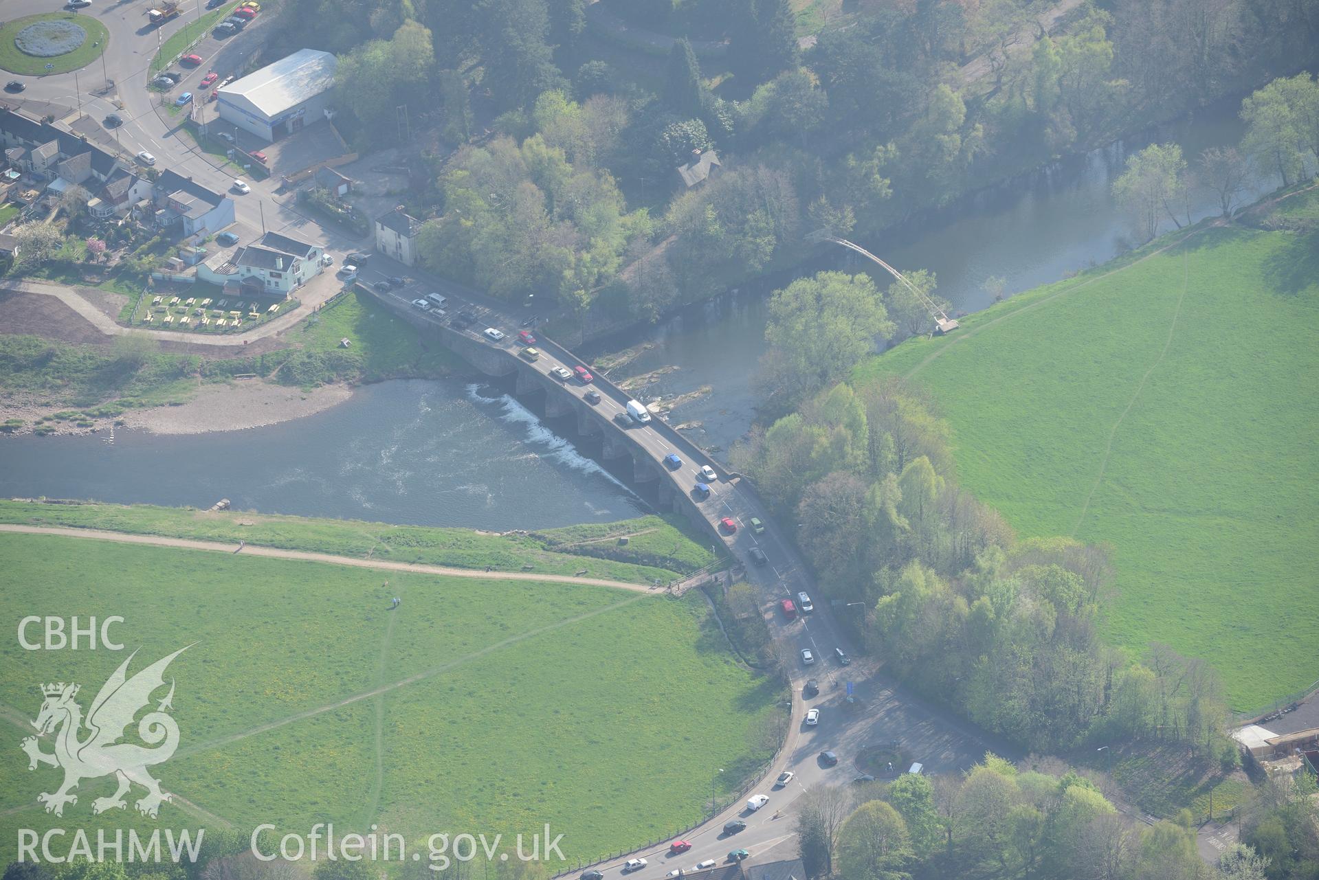Usk Road Bridge, Abergavenny. Oblique aerial photograph taken during the Royal Commission's programme of archaeological aerial reconnaissance by Toby Driver on 21st April 2015.