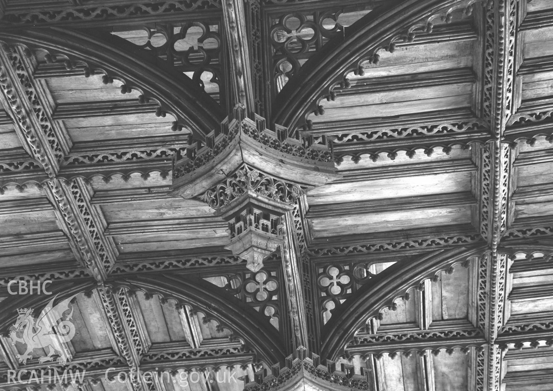 Digital copy of a black and white acetate negative showing detail of pendant ceiling at St. David's Cathedral, taken by E.W. Lovegrove, July 1936