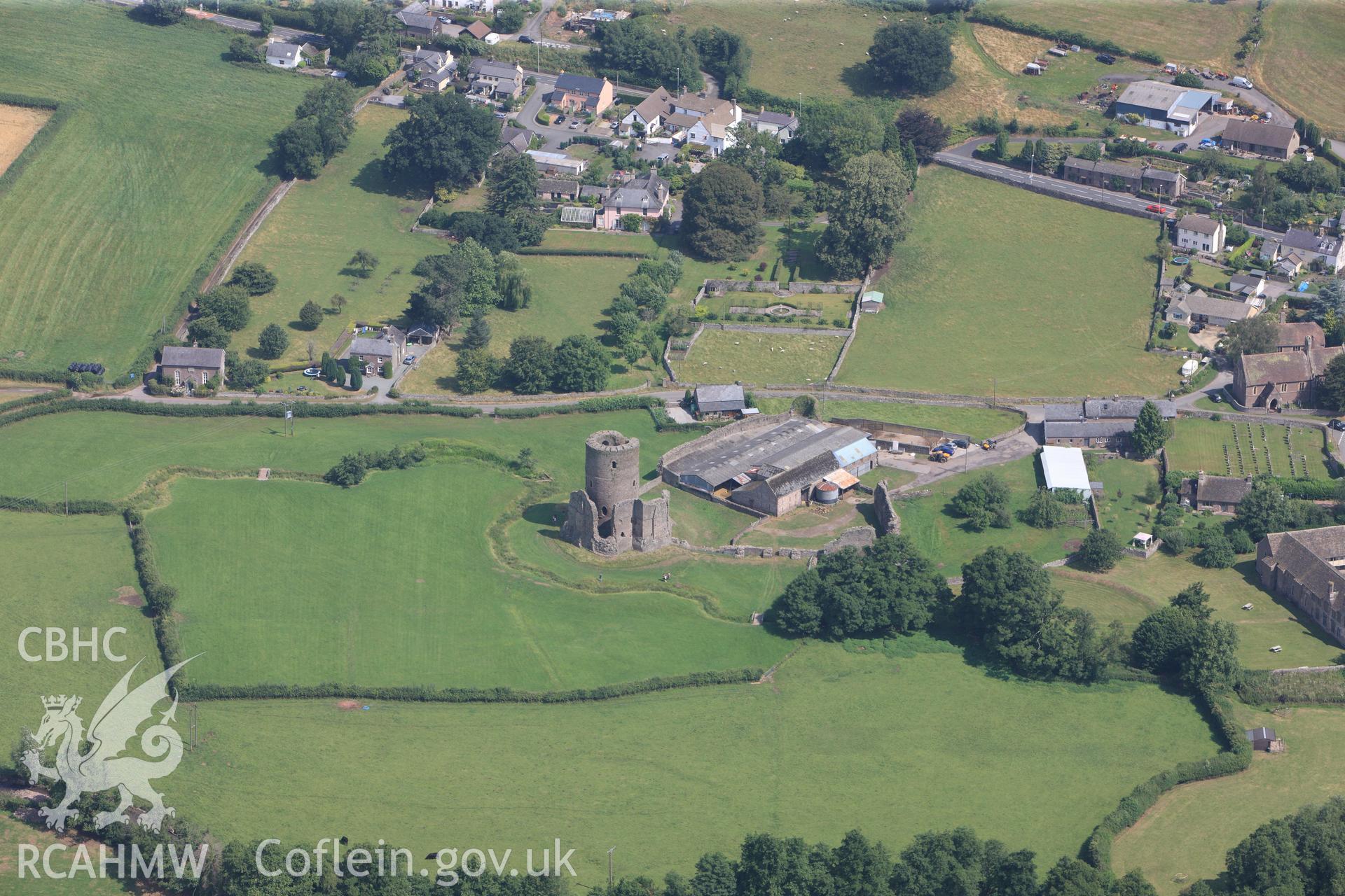 Zoar Independent Chapel; Tretower Shrunken Settlement; Tretower Castle and Court, Tretower, between Abergavenny and Brecon. Oblique aerial photograph taken during Royal Commission?s programme of archaeological aerial reconnaissance by Toby Driver on 1st August 2013.