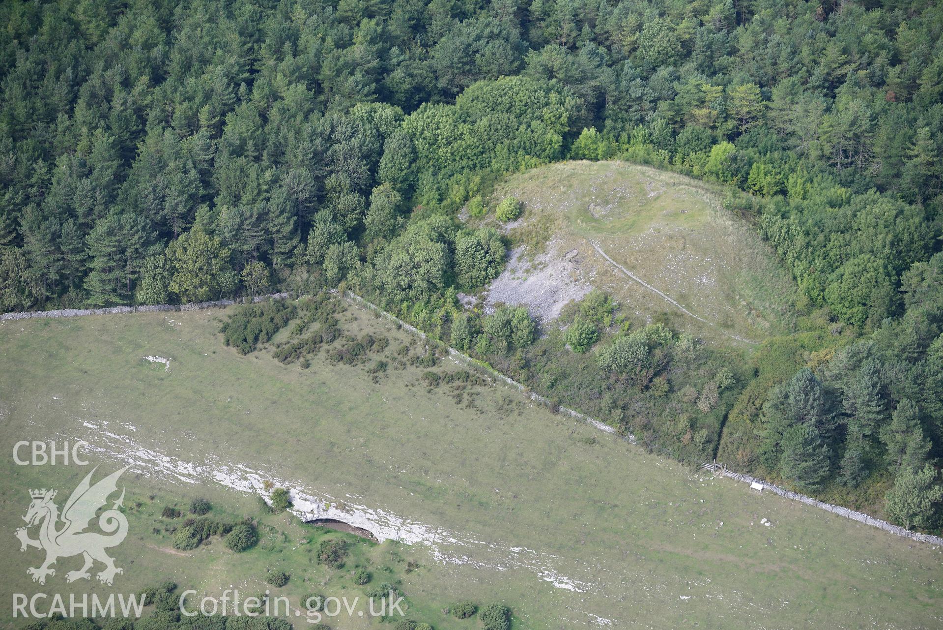 Gop Hill cairn, Trelawnyd, near St. Asaph. Oblique aerial photograph taken during the Royal Commission's programme of archaeological aerial reconnaissance by Toby Driver on 11th September 2015.