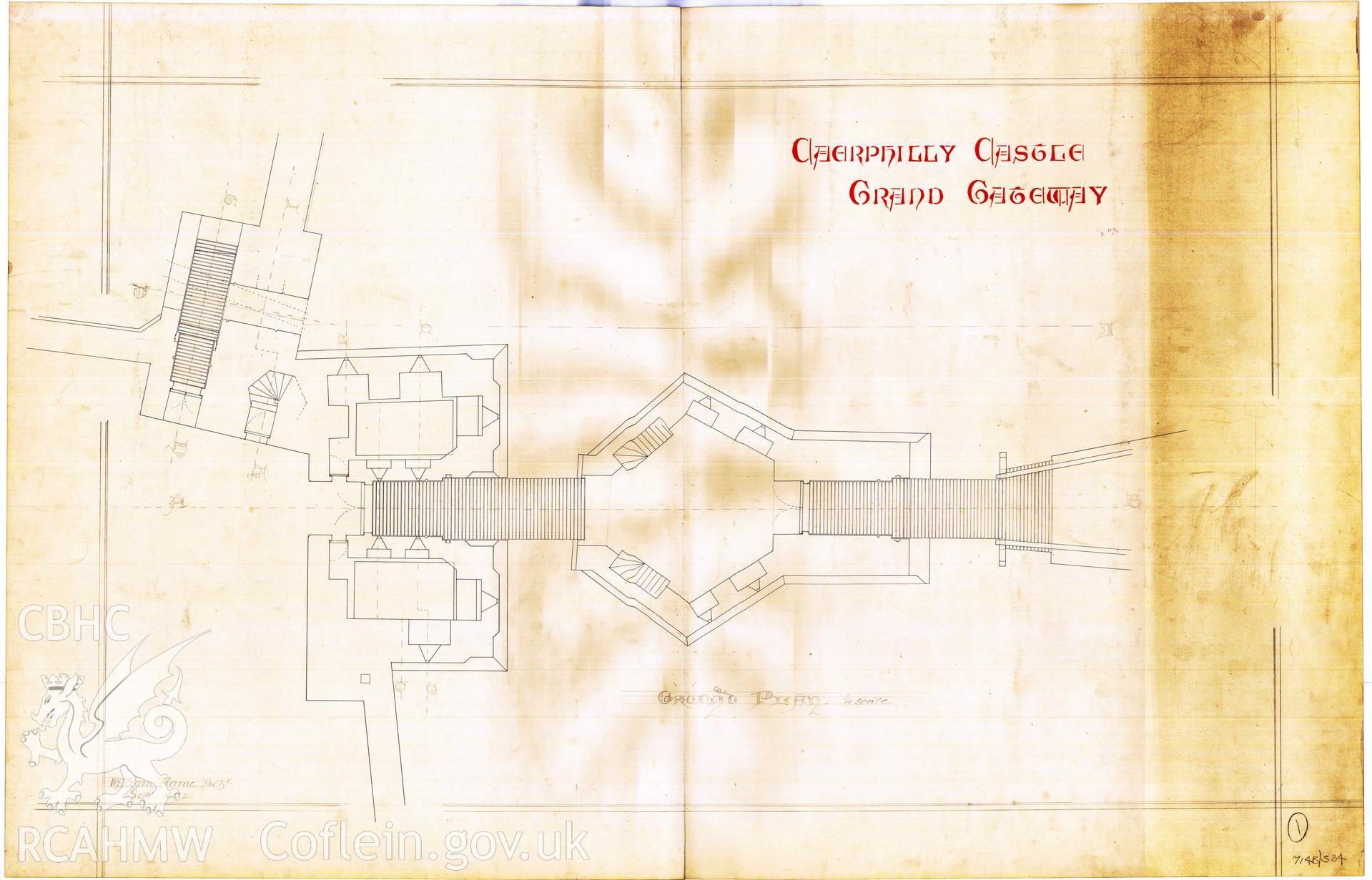 Cadw guardianship monument drawing of Caerphilly Castle. Grand Gateway Ground Plan. Cadw Ref. No:714B/384. Scale 1:96.