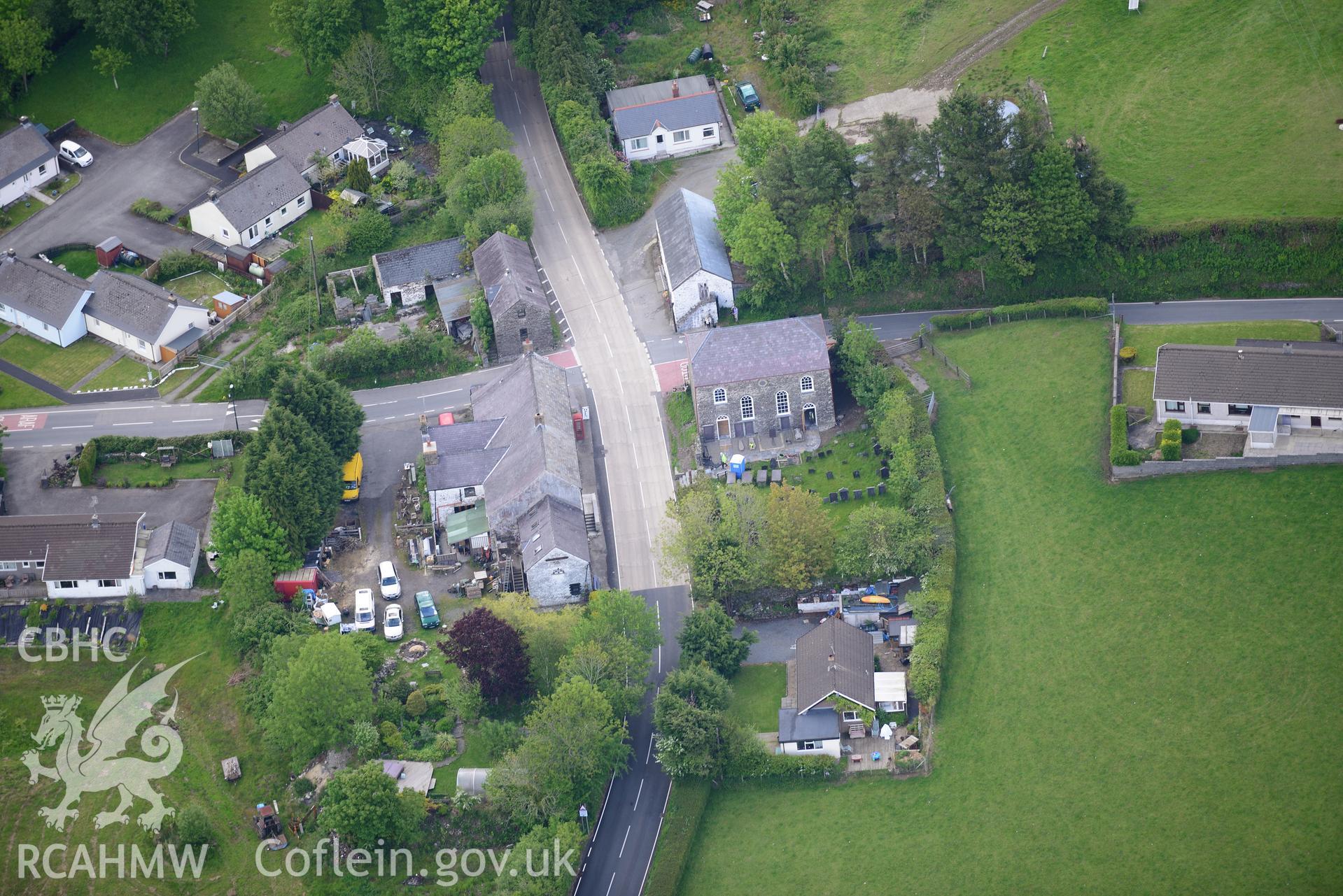 The village of Rhydowen, showing Yr Hen Gapel; Allyrodyn Arms and Alltyrodyn Arms pigsty and stable. Oblique aerial photograph taken during the Royal Commission's programme of archaeological aerial reconnaissance by Toby Driver on 3rd June 2015.