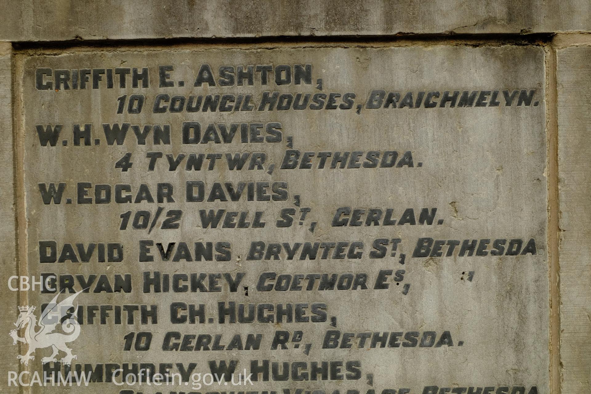 Colour photograph showing detail of Bethesda War Memorial's inscription, produced by Richard Hayman 7th March 2017