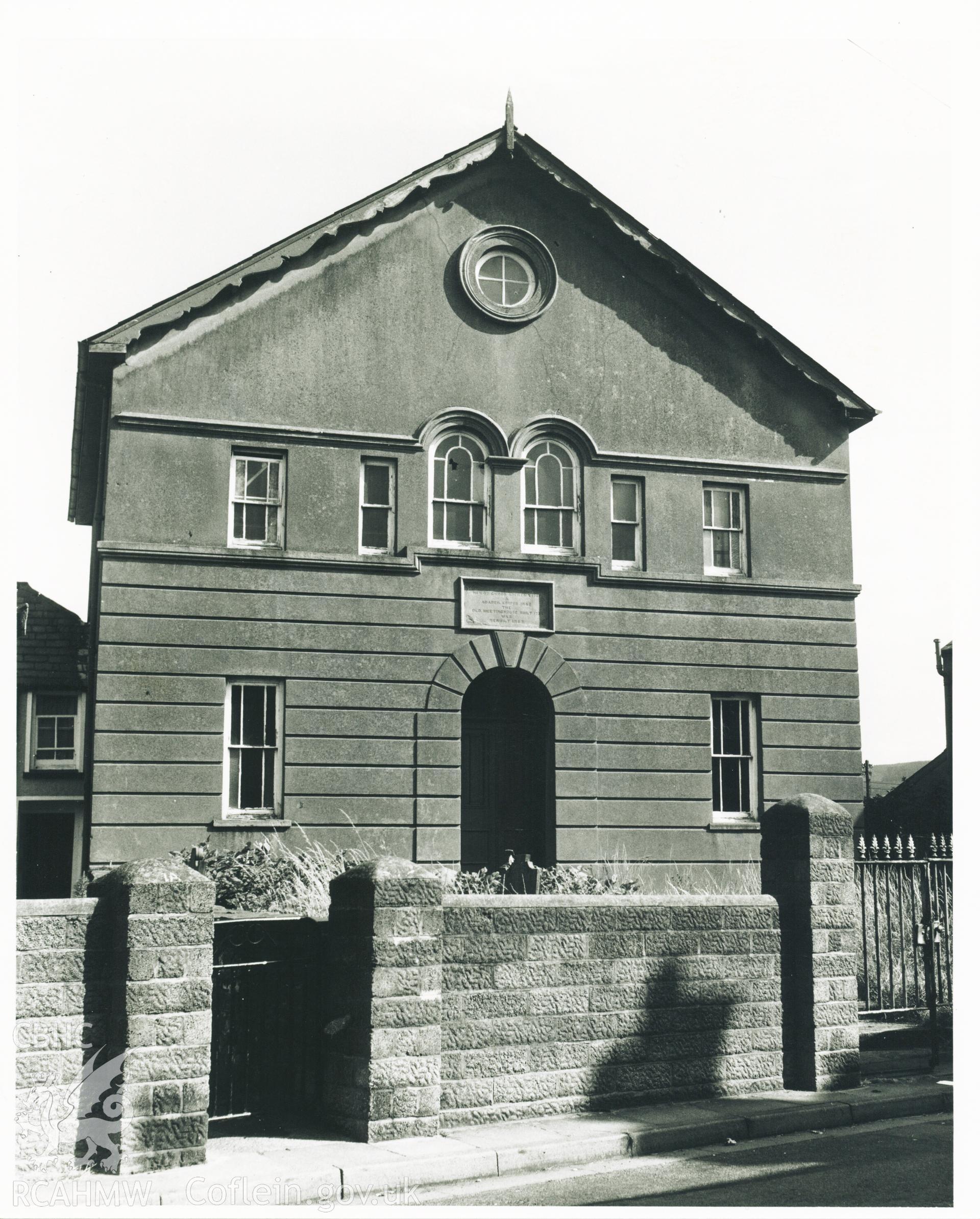 Undated black and white photograph of Yr Hen Dy Cwrdd's front facade. Donated to the RCAHMW during the Digital Dissent Project.
