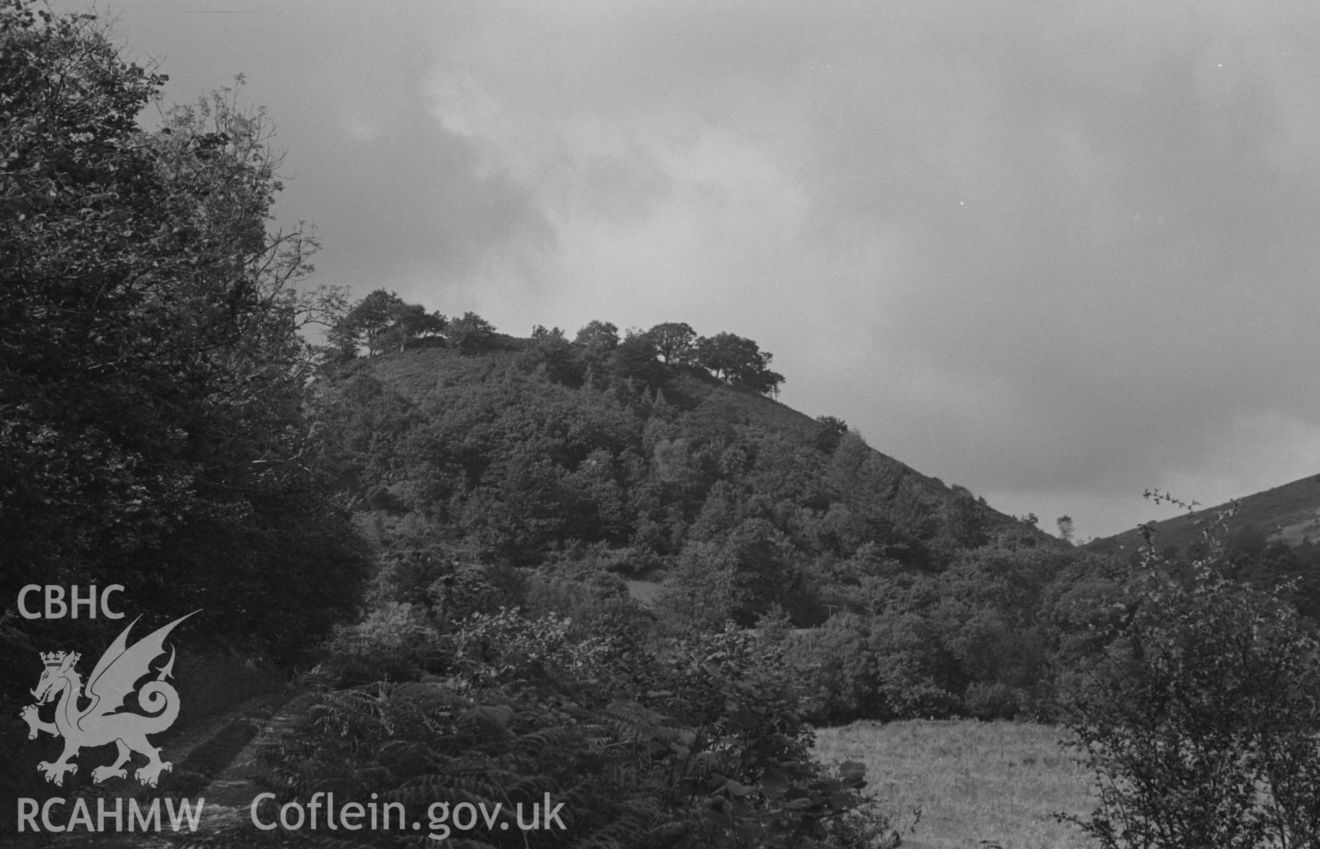 Digital copy of a black and white negative showing Dinas Cerdin from the lane to the south, Troedyraur. Photographed by Arthur O. Chater on 19th August 1967, looking north from Grid Reference SN 386 466.