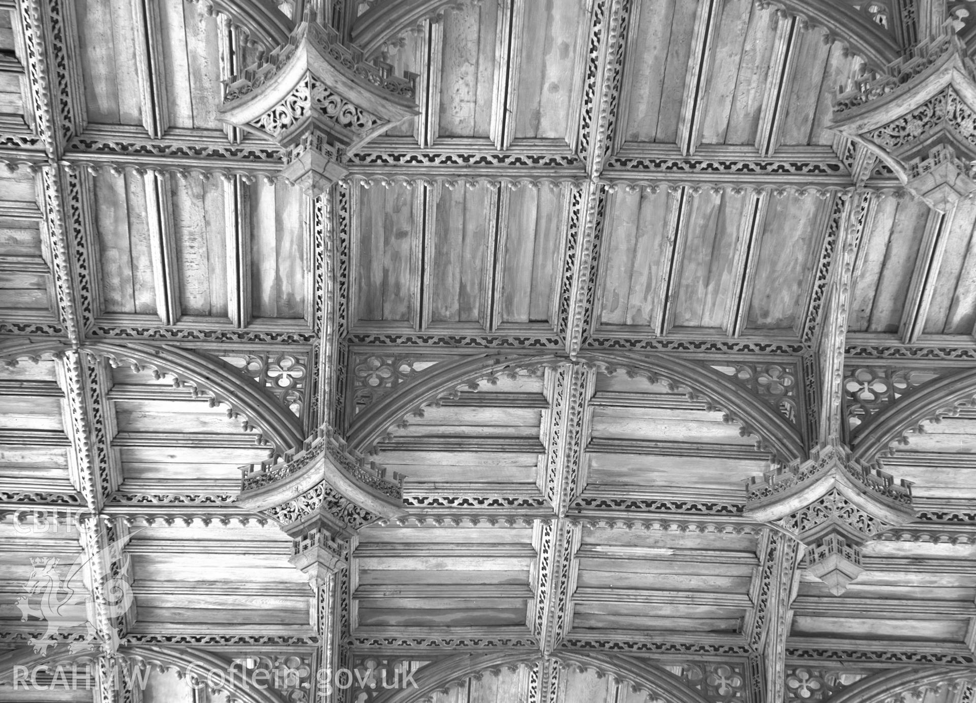 Digital copy of a black and white acetate negative showing detail of pendant ceiling at St. David's Cathedral, taken by E.W. Lovegrove, July 1936