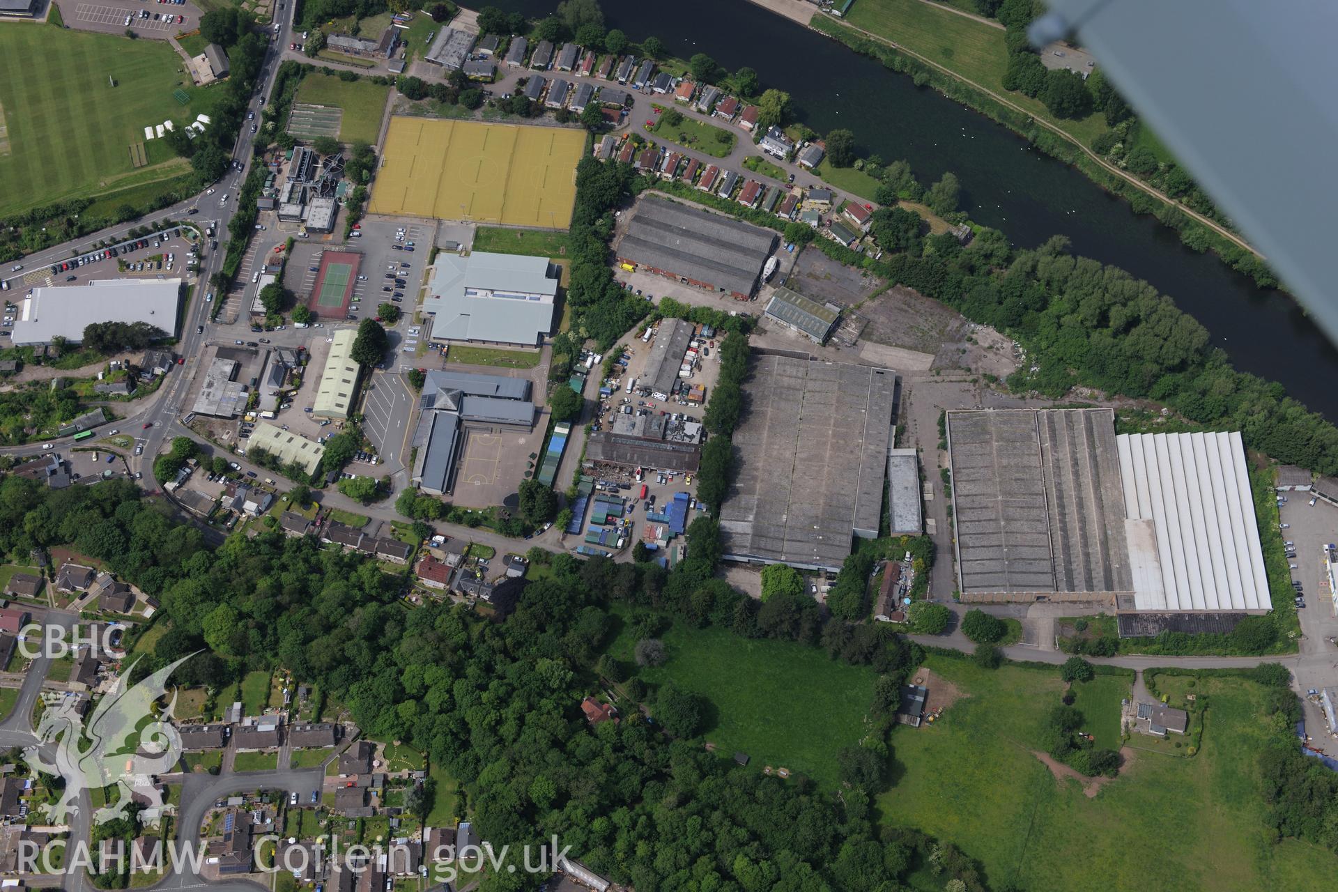 Monmouth School Sports Club on Hadnock Road Industrial Estate. Oblique aerial photograph taken during the Royal Commission's programme of archaeological aerial reconnaissance by Toby Driver on 11th June 2015.