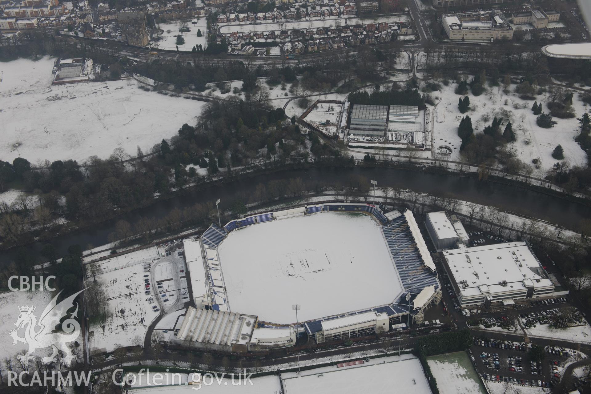 Sophia Gardens cricket ground, Cardiff. Oblique aerial photograph taken during the Royal Commission?s programme of archaeological aerial reconnaissance by Toby Driver on 24th January 2013.