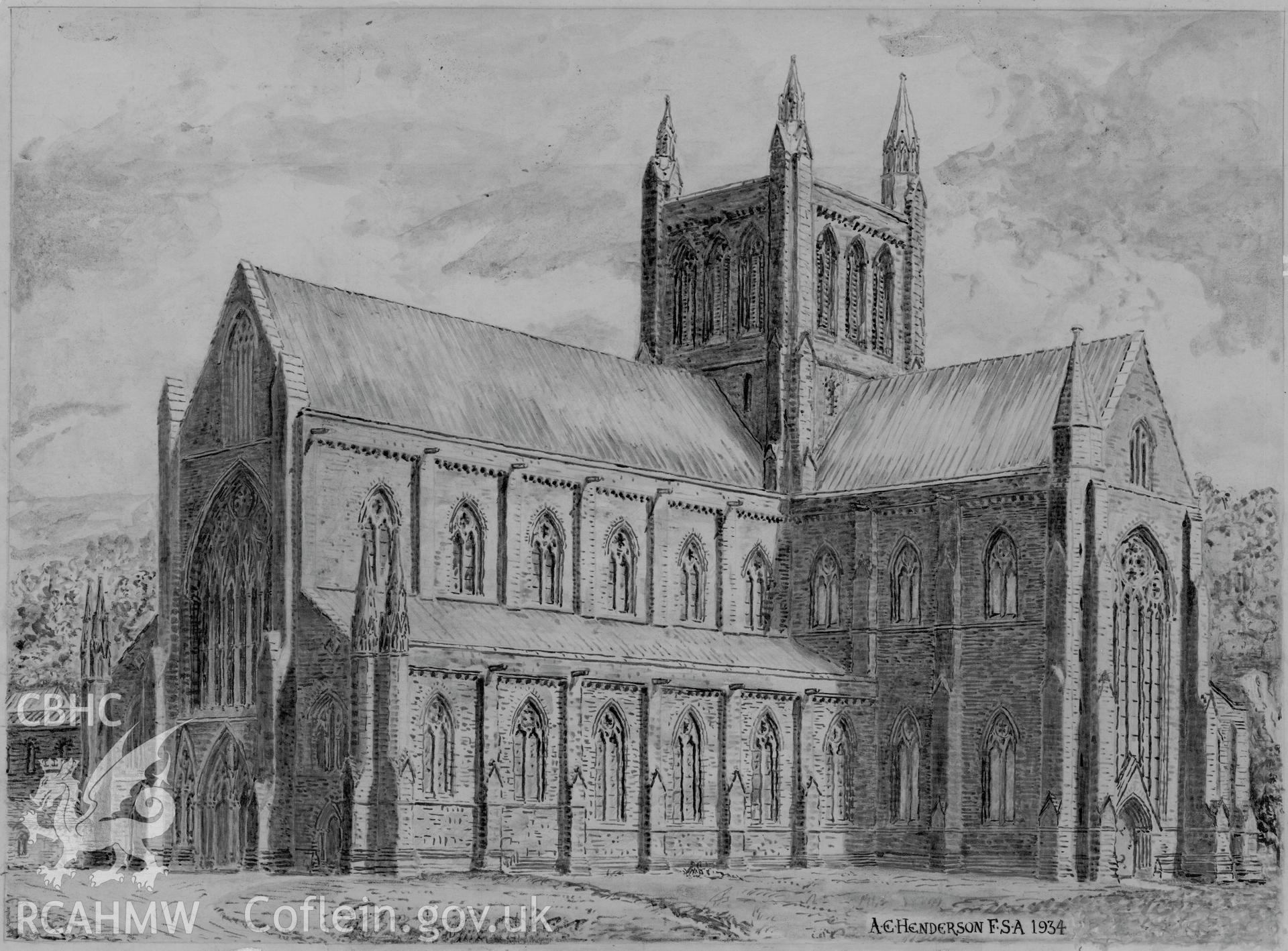 Digital copy of a conjectural reconstruction drawing of 'Tintern Abbey as Erected: Nave & South Transept Exterior' produced by Arthur E. Henderson, 1934.