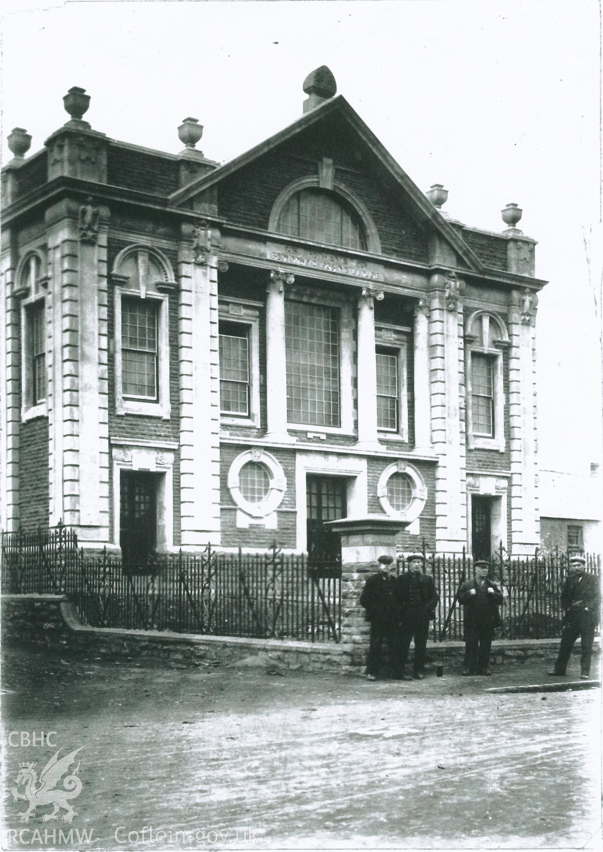 Black and white photograph of Bethania Chapel's front facade, circa 1904. Donated to the RCAHMW by Cyril Philips as part of the Digital Dissent Project.