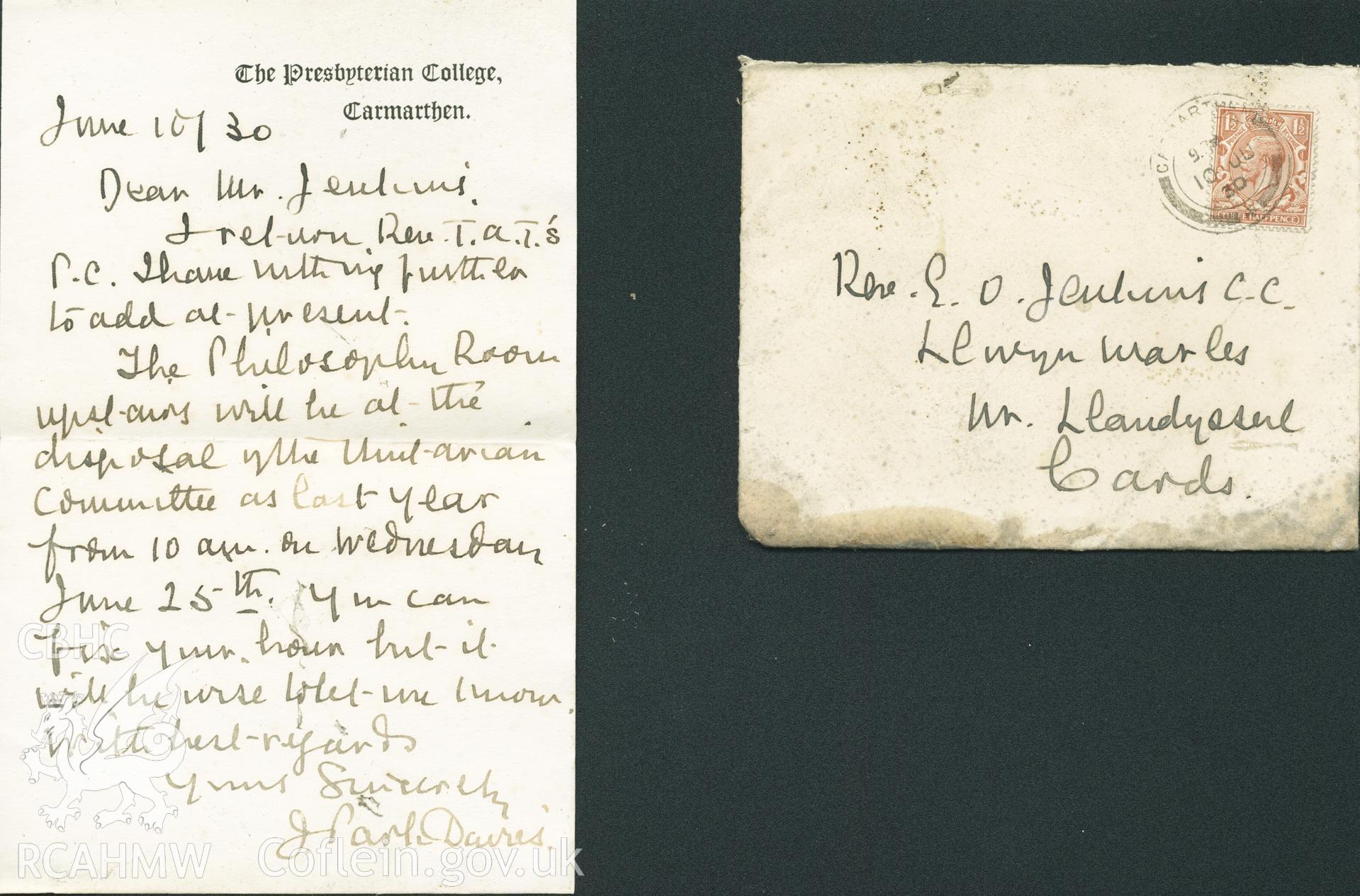 Handwritten letter addressed to the Rev. Jenkins from the Rev. Davies, confirming that the Philosophers Room at the Presbyterian College, Carmarthen, would be available for the Unitarian Committee. Donated to the RCAHMW during the Digital Dissent Project.