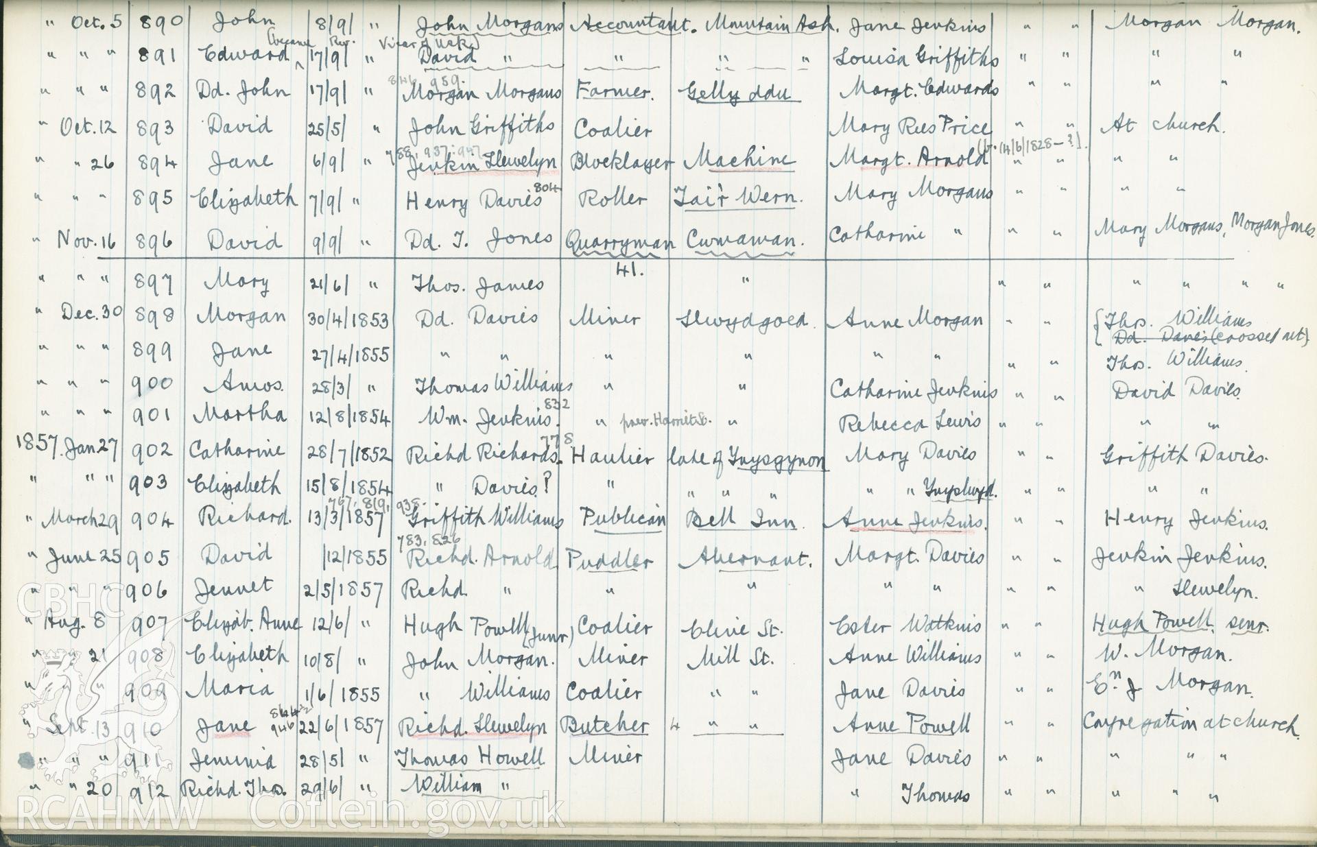 "Baptism Registered" book for Hen Dy Cwrdd, made between April 19th and 28th, 1941, by W. W. Price. Page listing baptisms from 5th October 1856 to 20th September 1857. Donated to the RCAHMW as part of the Digital Dissent Project.
