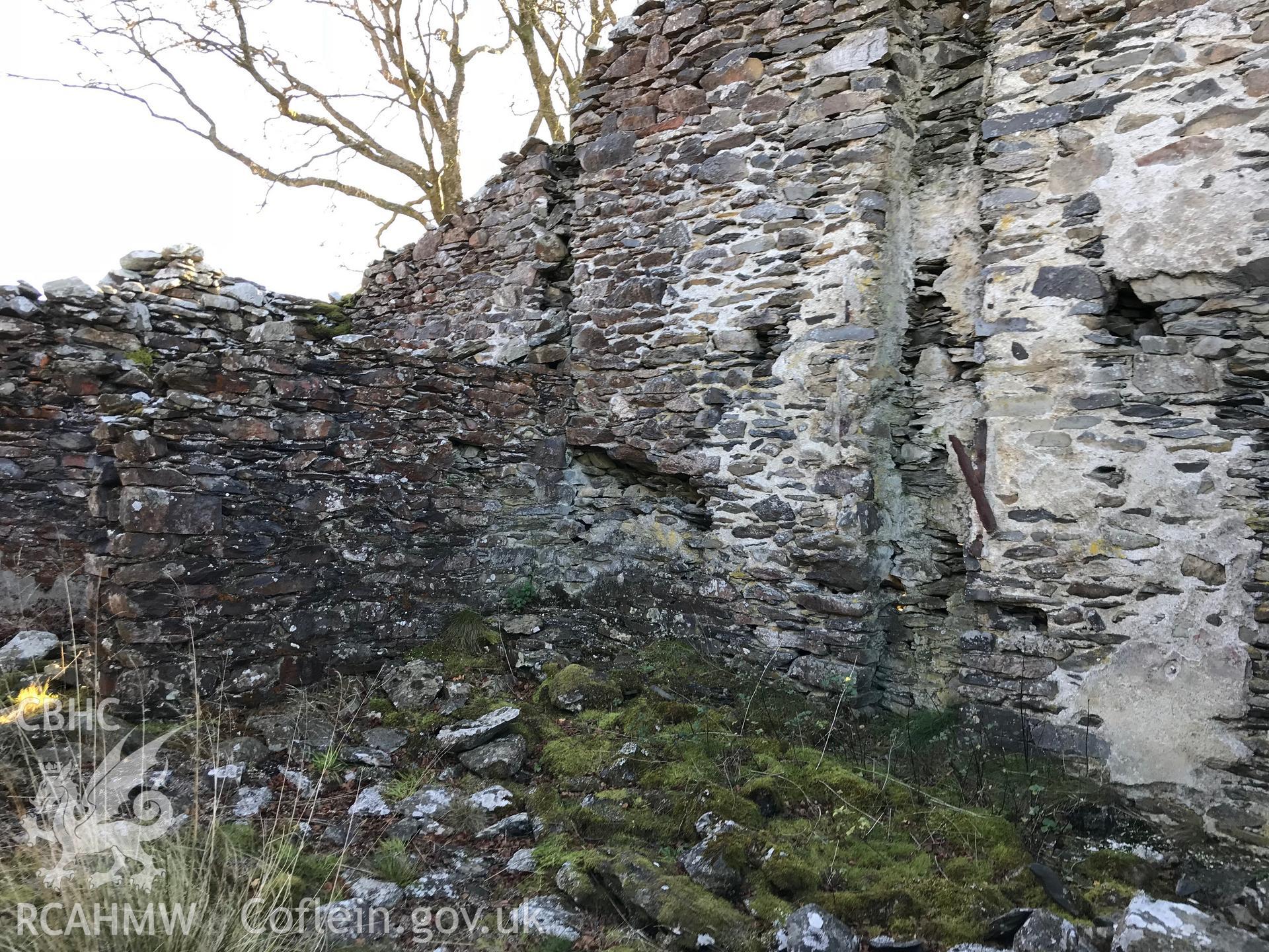 Detailed view showing interior of the ruined drystone walled Pen-Cwm house, south west of Bryneithinog farm, Ystrad Fflur. Colour photograph taken by Paul R. Davis on 18th November 2018.